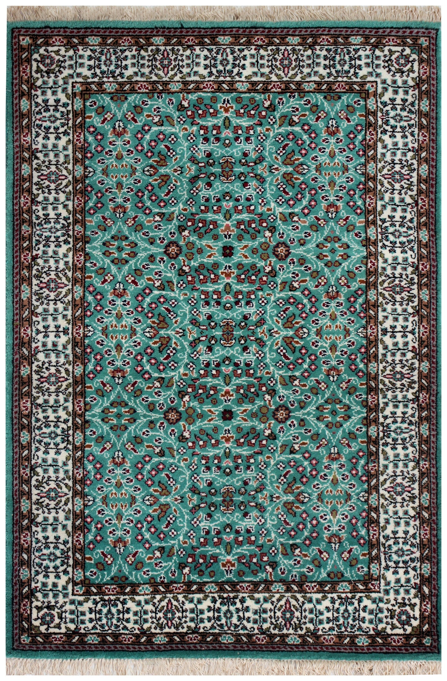 Traditional Floral Wool Rug – 4x6 Teal, Ivory, Brown Fine Hand-Knotted Carpet.