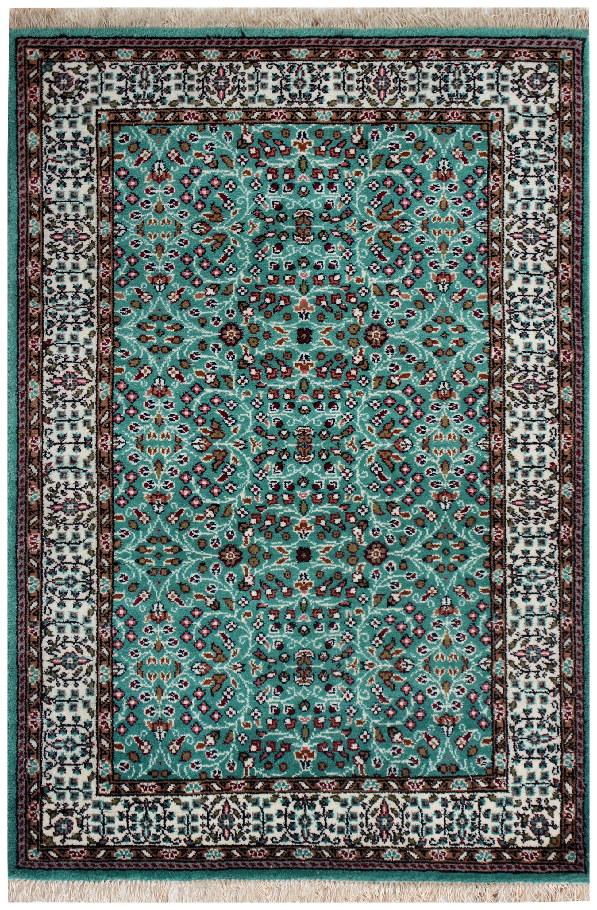 Traditional Floral Wool Rug – 4x6 Teal, Ivory, Brown Fine Hand-Knotted Carpet.