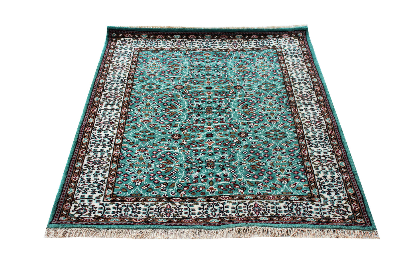 Traditional Floral Wool Rug – 4x6 Teal, Ivory, Brown Fine Hand-Knotted Carpet.