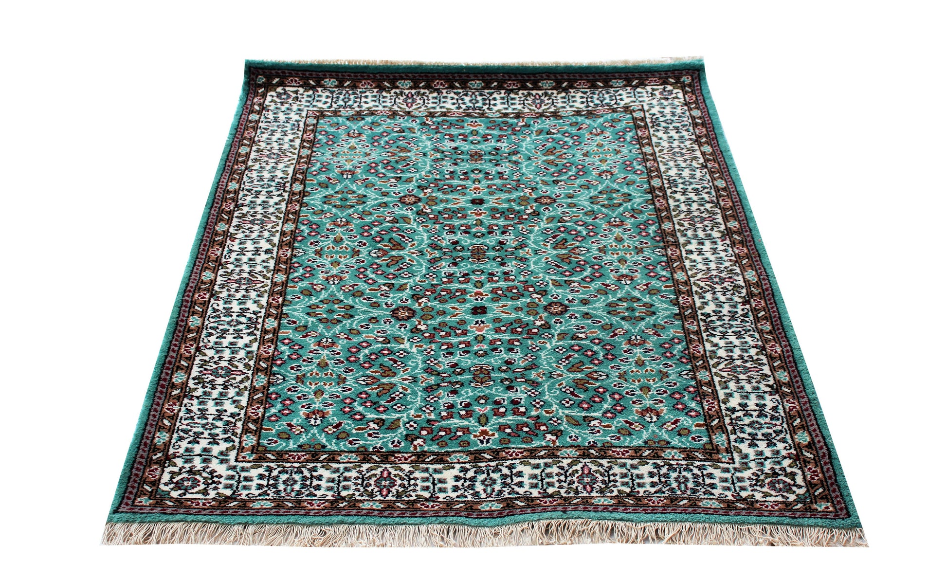 Traditional Floral Wool Rug – 4x6 Teal, Ivory, Brown Fine Hand-Knotted Carpet.