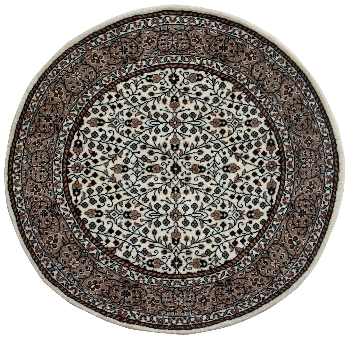 Traditional Floral Round Wool Rug – 3x3 & 5x5 Ivory, Brown, Tan Fine Hand-Knotted Carpet.