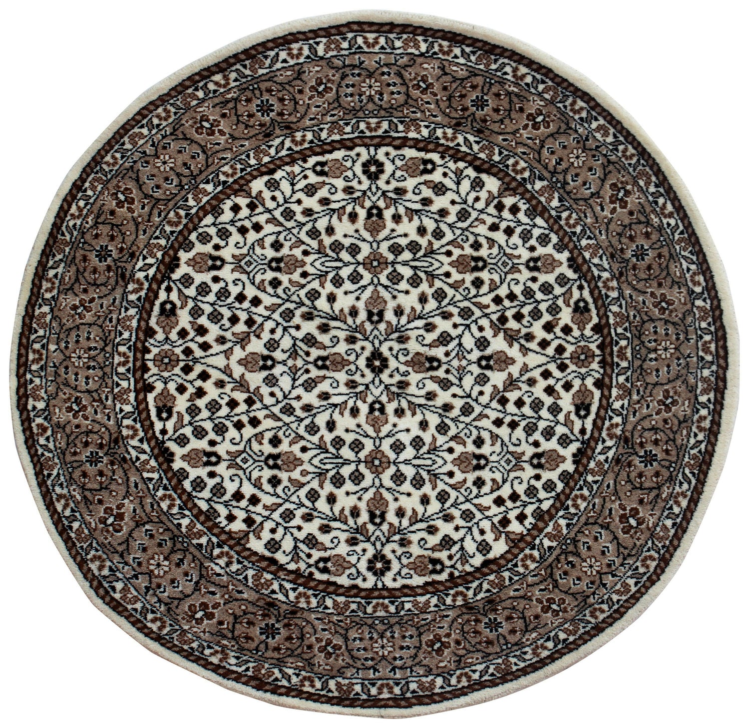 Traditional Floral Round Wool Rug – 3x3 & 5x5 Ivory, Brown, Tan Fine Hand-Knotted Carpet.