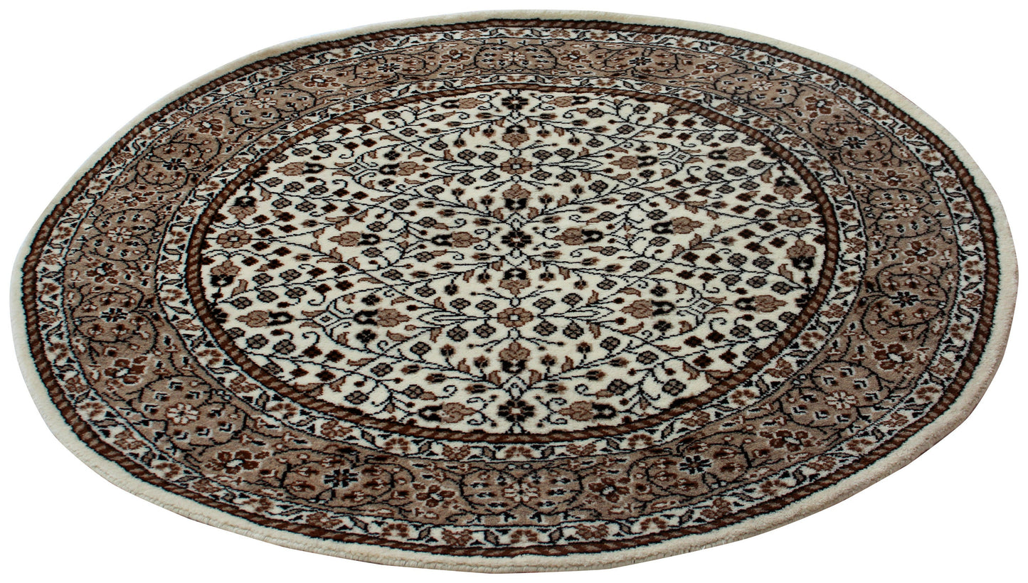 Traditional Floral Round Wool Rug – 3x3 & 5x5 Ivory, Brown, Tan Fine Hand-Knotted Carpet.