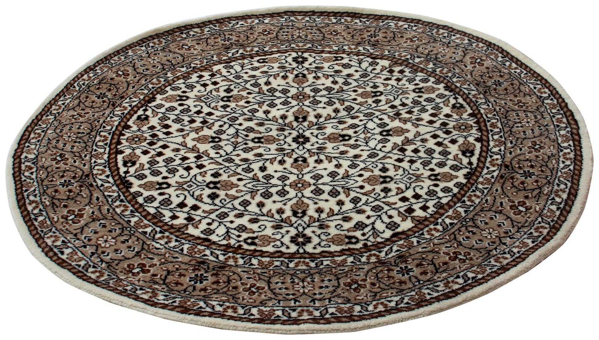 Traditional Floral Round Wool Rug – 3x3 & 5x5 Ivory, Brown, Tan Fine Hand-Knotted Carpet.