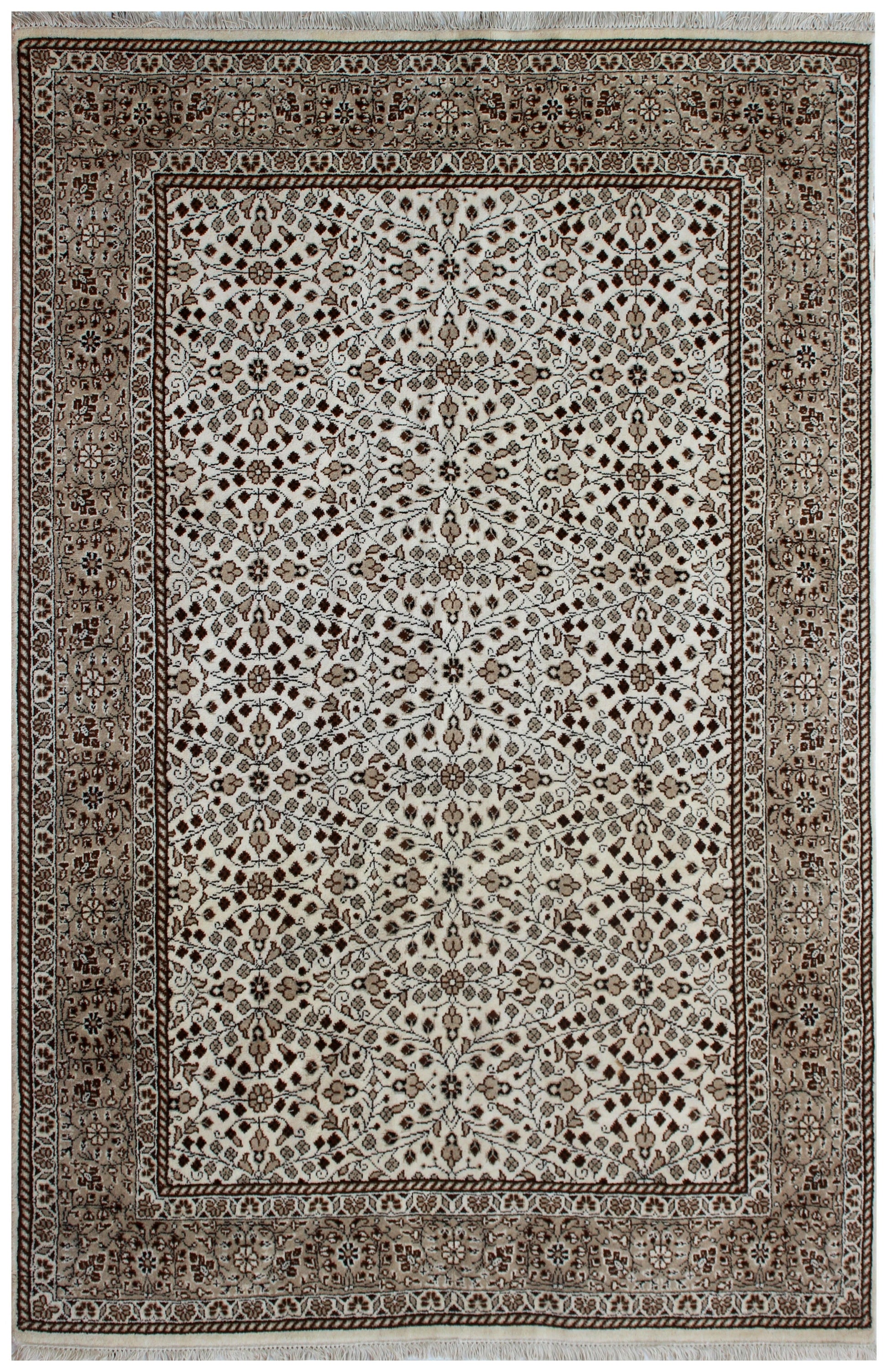 6.6x9 Traditional Floral Ivory, Brown & Tan Fine Hand-Knotted Wool Rug.