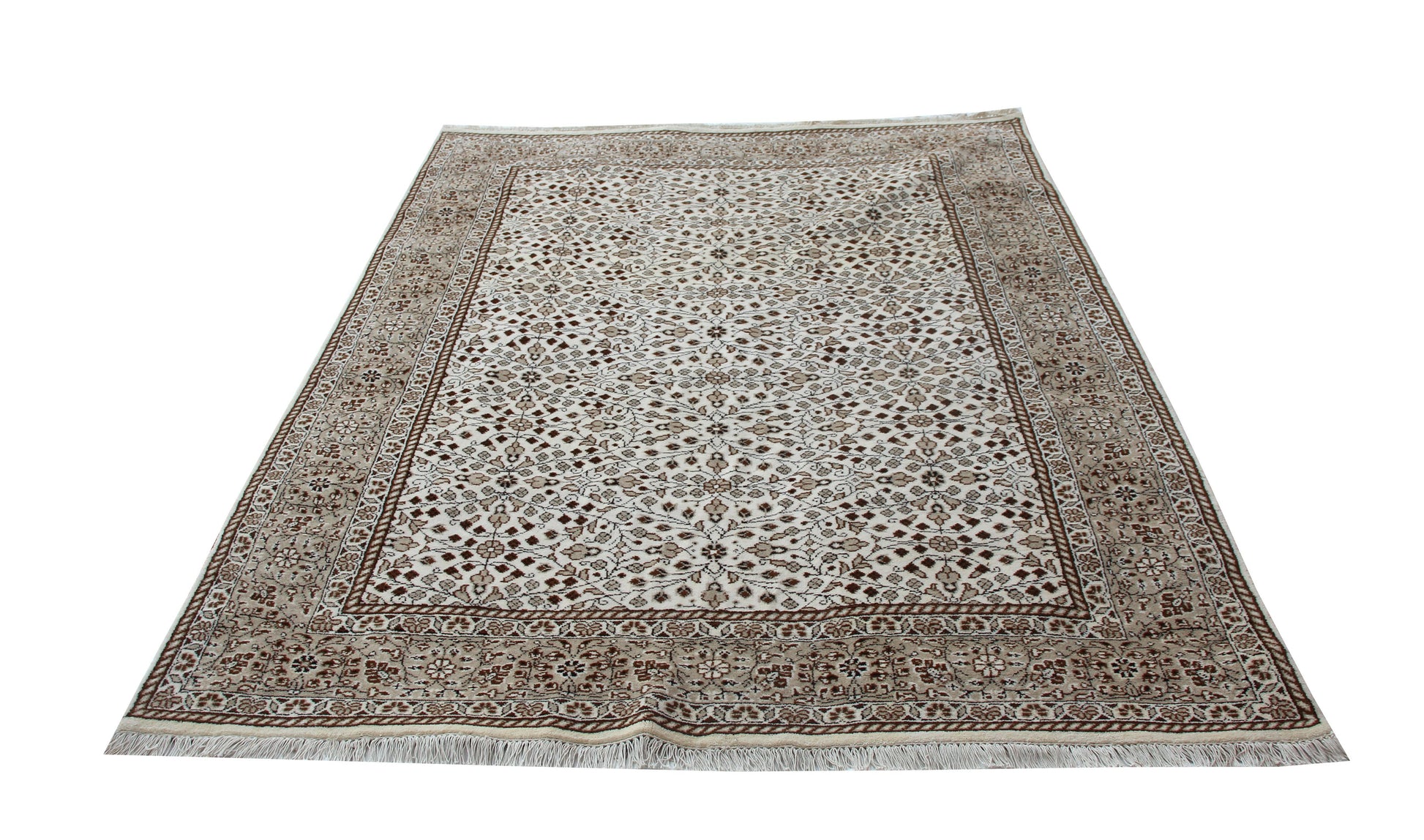 6.6x9 Traditional Floral Ivory, Brown & Tan Fine Hand-Knotted Wool Rug.