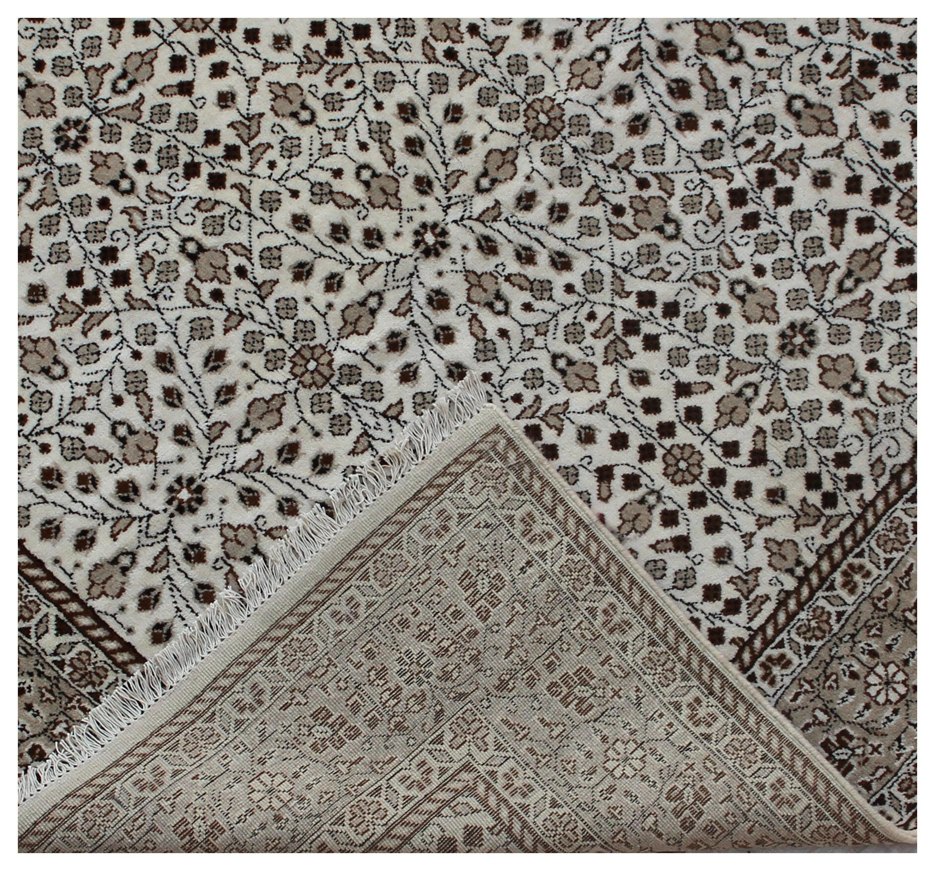 6.6x9 Traditional Floral Ivory, Brown & Tan Fine Hand-Knotted Wool Rug.