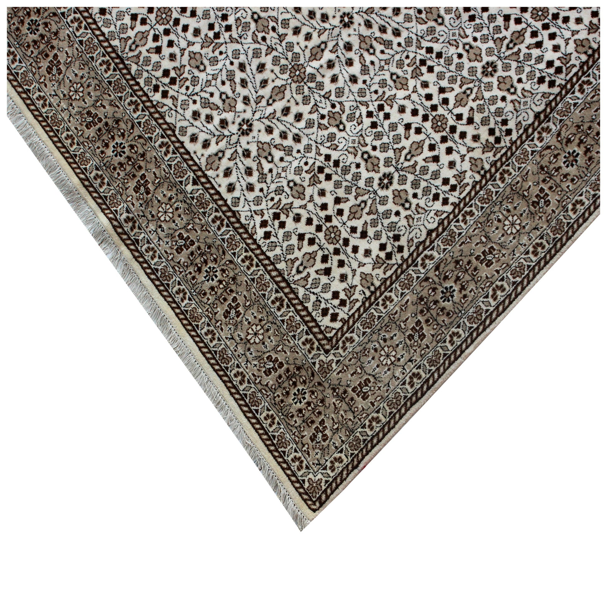 6.6x9 Traditional Floral Ivory, Brown & Tan Fine Hand-Knotted Wool Rug.