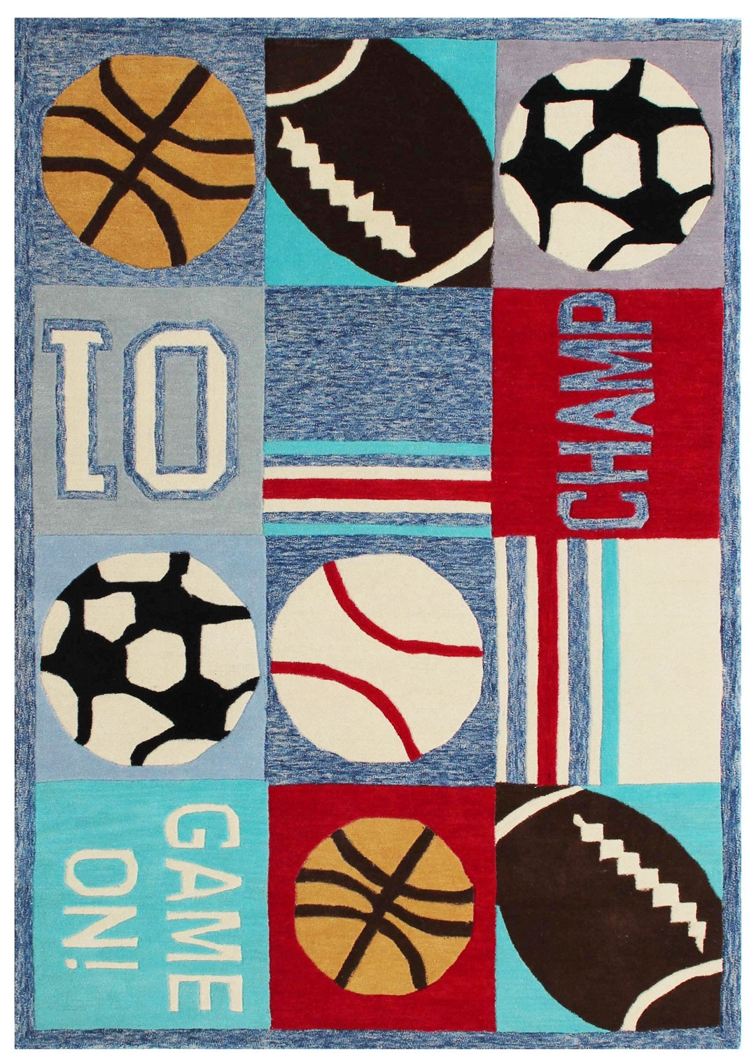 Sports Ball Kids Rug | Colorful Hand-Tufted Athletic Theme Play Mat.