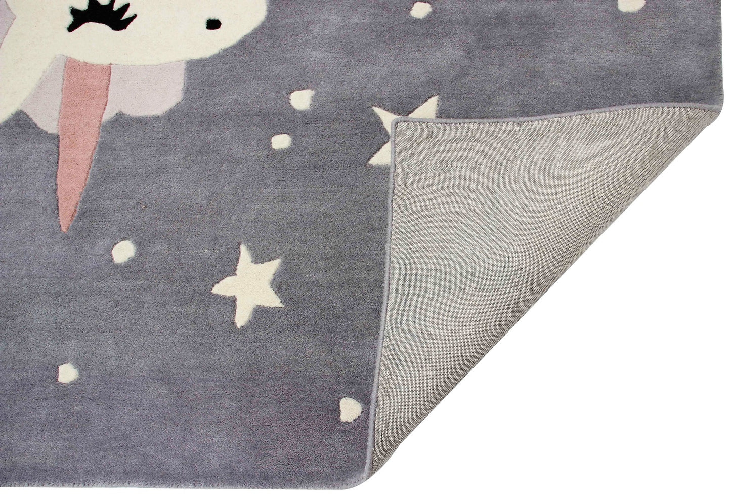 Magical Unicorn Kids Rug Gray Beige Hand-Tufted Stars Hearts Play Mat.