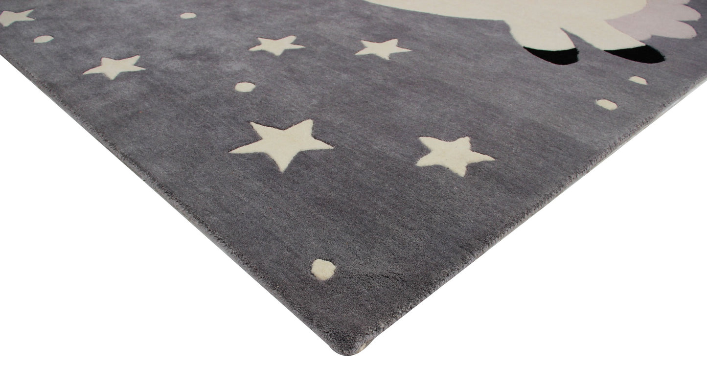 Magical Unicorn Kids Rug Gray Beige Hand-Tufted Stars Hearts Play Mat.