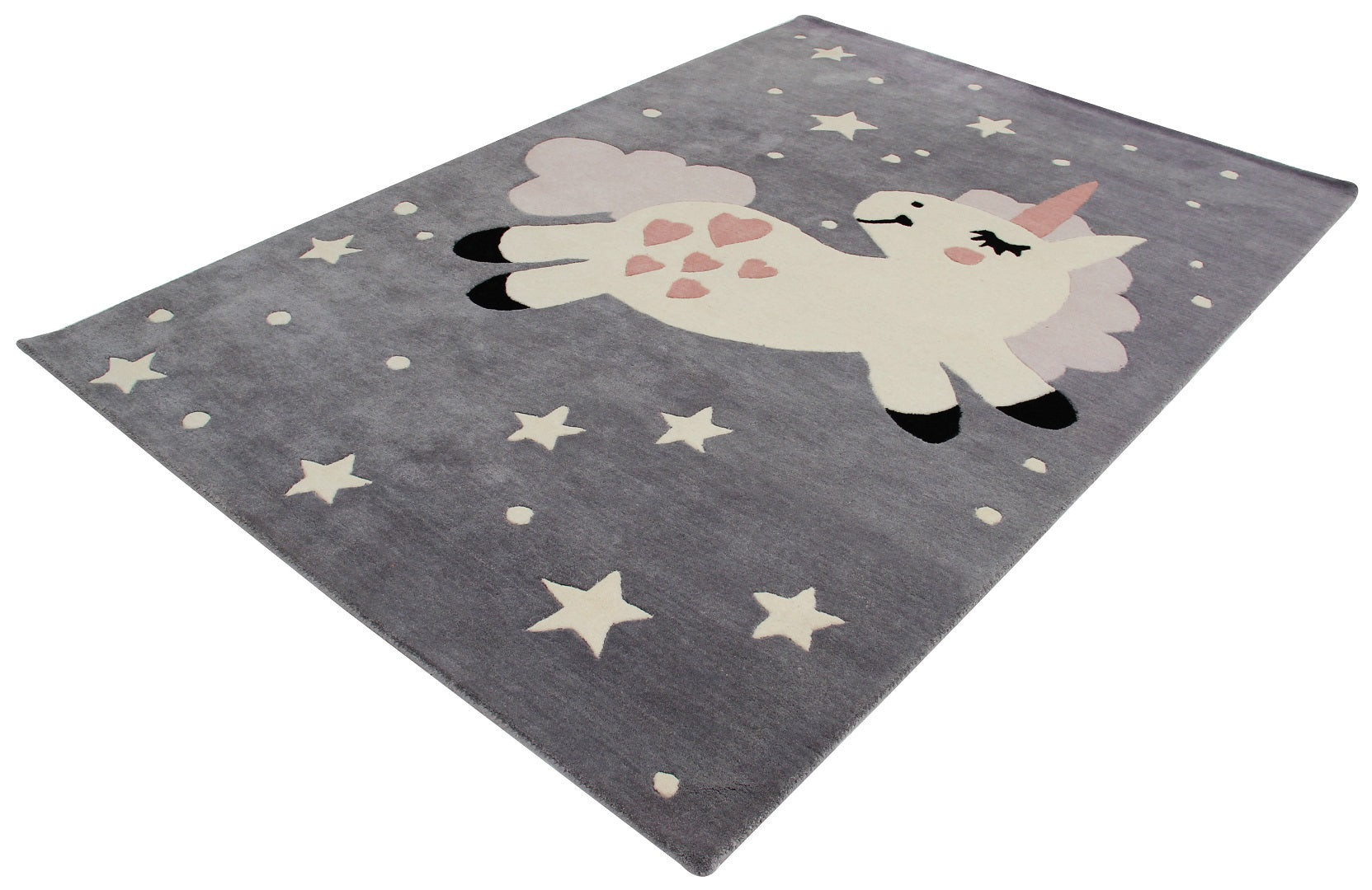 Magical Unicorn Kids Rug Gray Beige Hand-Tufted Stars Hearts Play Mat.