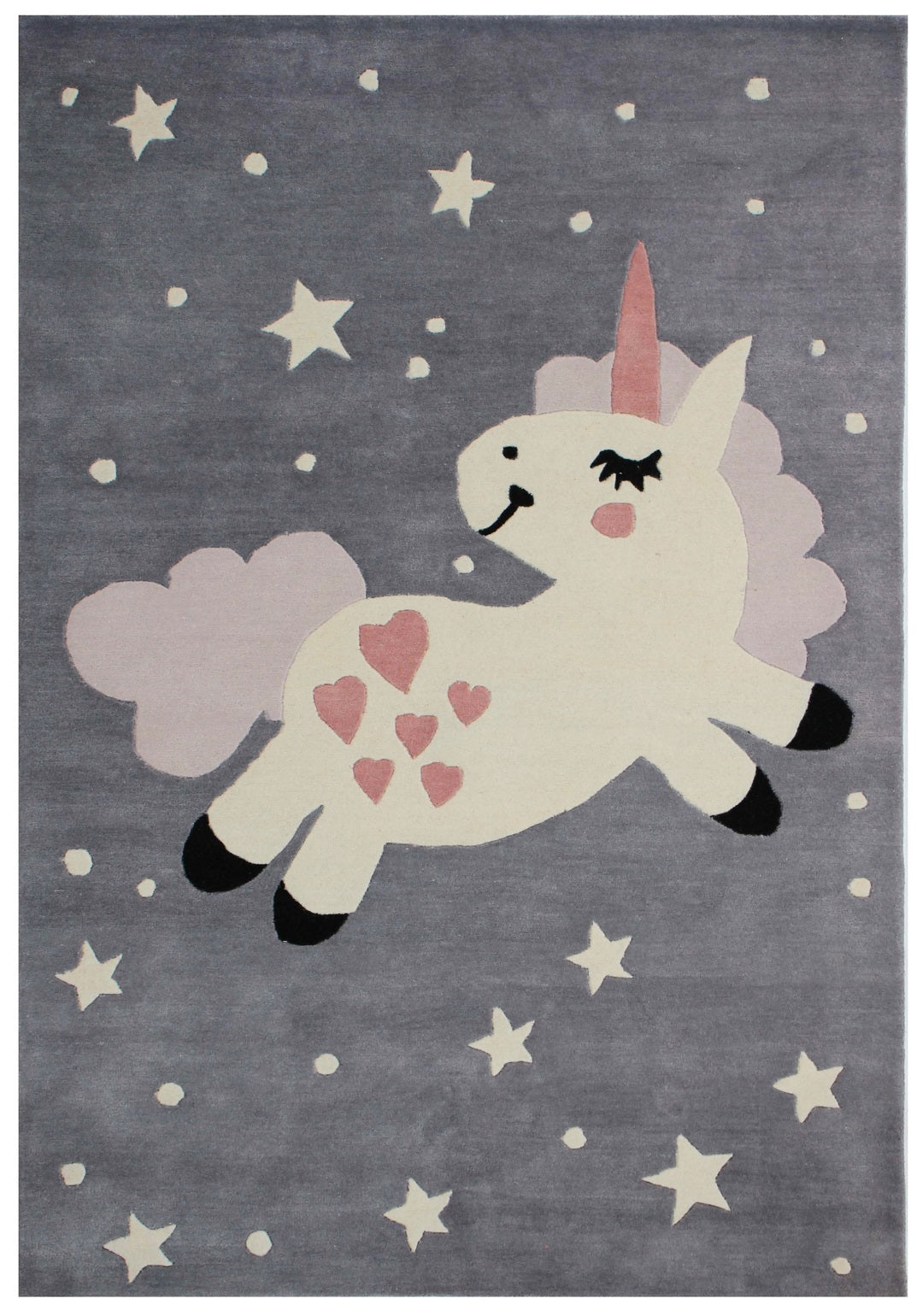 Magical Unicorn Kids Rug Gray Beige Hand-Tufted Stars Hearts Play Mat.