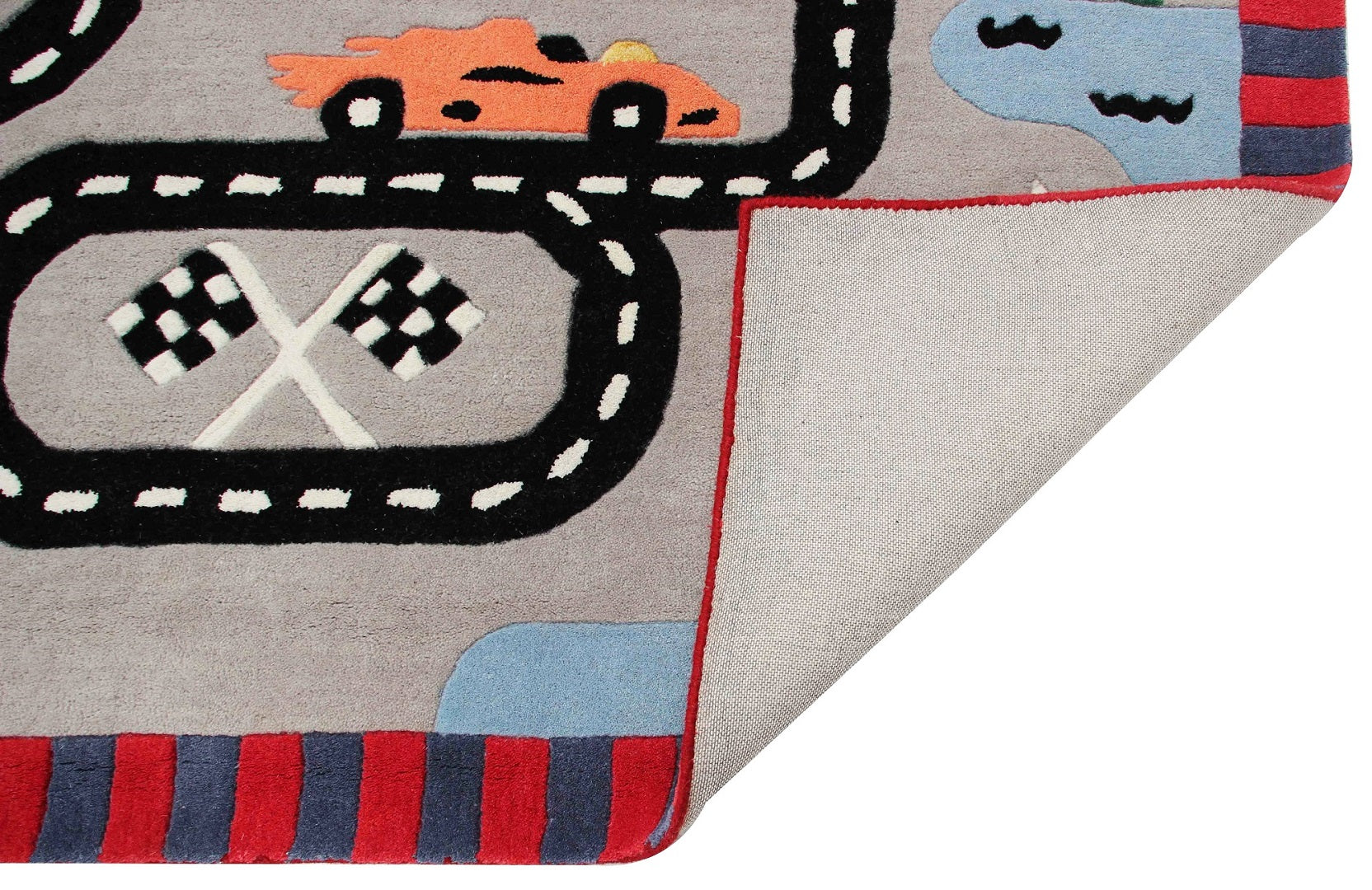 Race Track Kids Rug – Gray Hand-Tufted Car Playmat Imaginative Play.