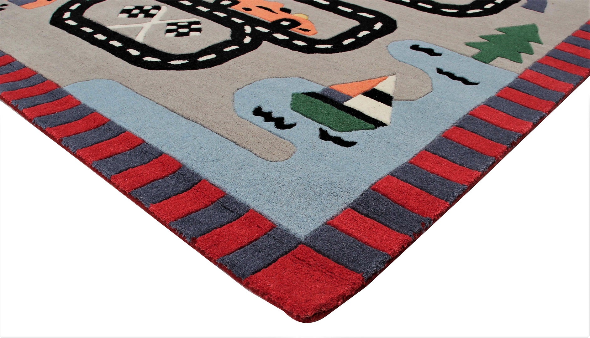 Race Track Kids Rug – Gray Hand-Tufted Car Playmat Imaginative Play.