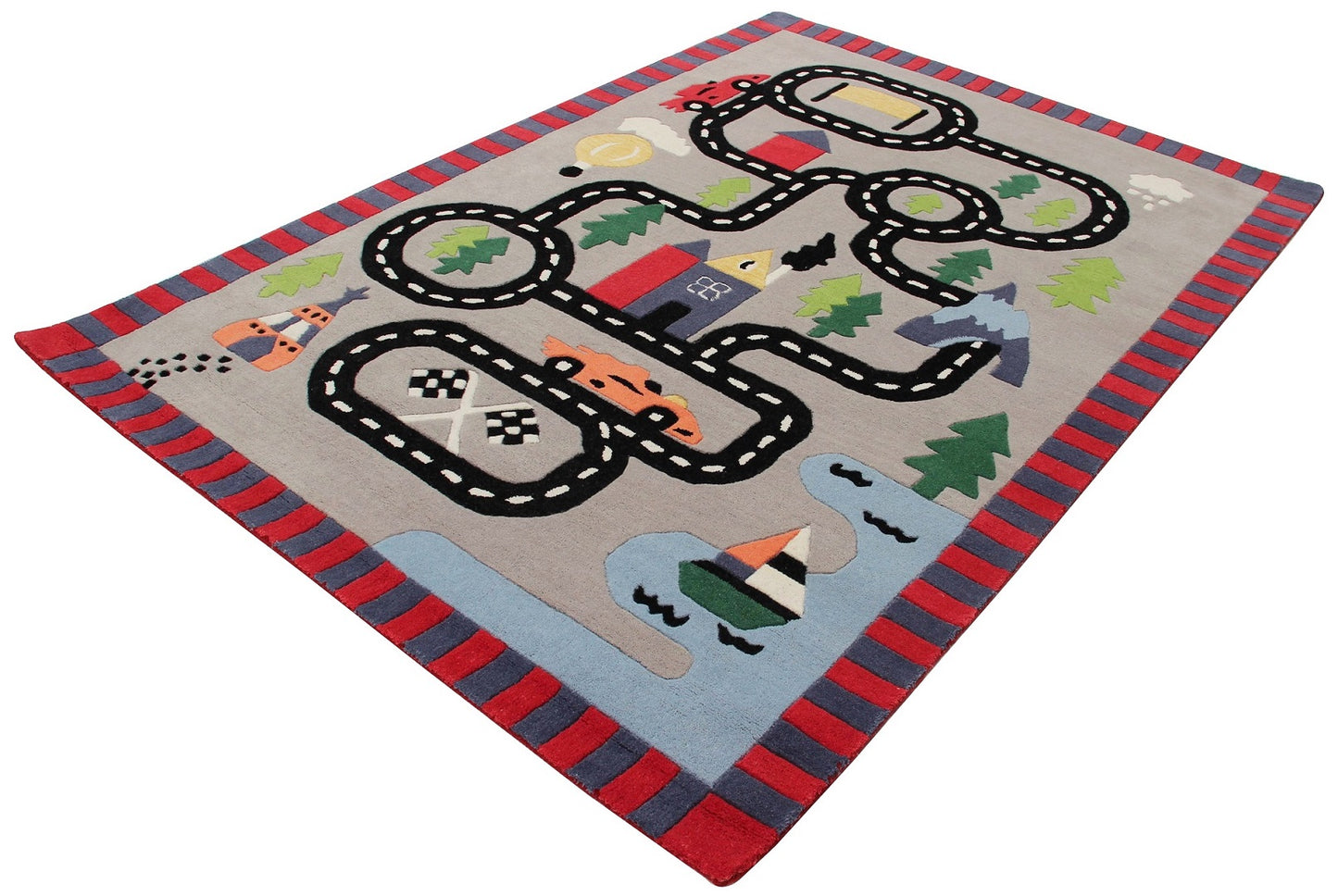 Race Track Kids Rug – Gray Hand-Tufted Car Playmat Imaginative Play.