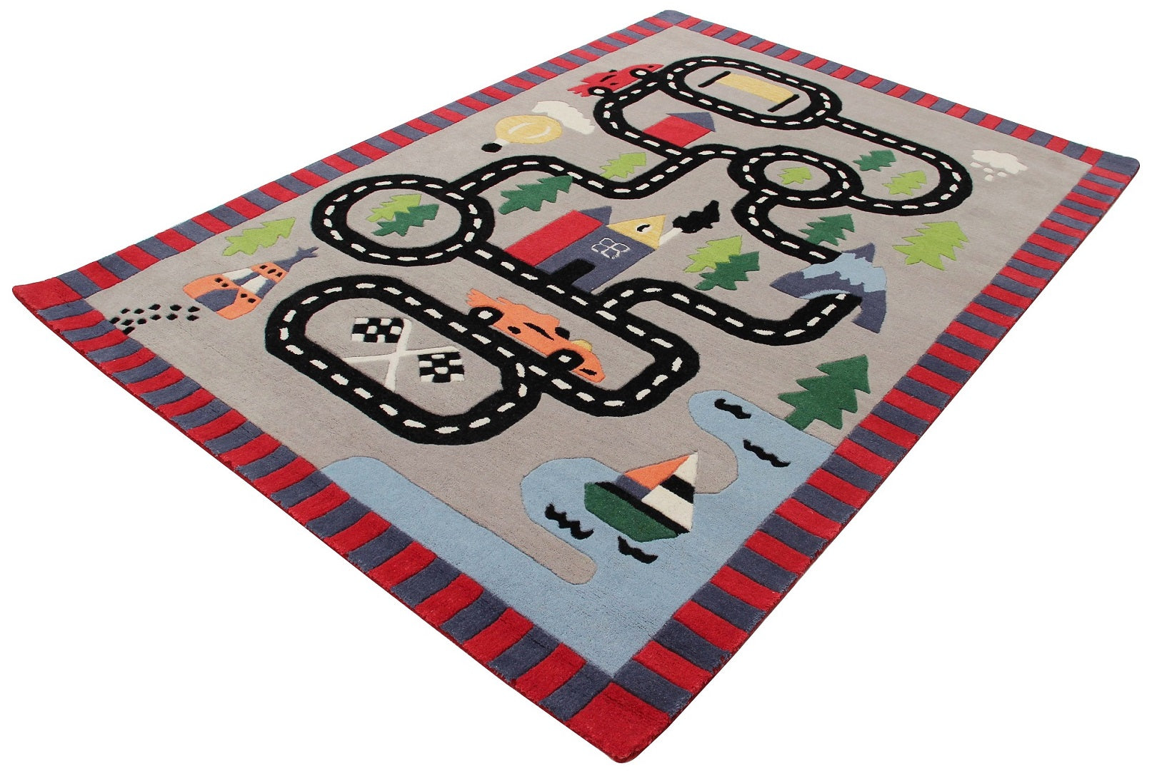 Race Track Kids Rug – Gray Hand-Tufted Car Playmat Imaginative Play.