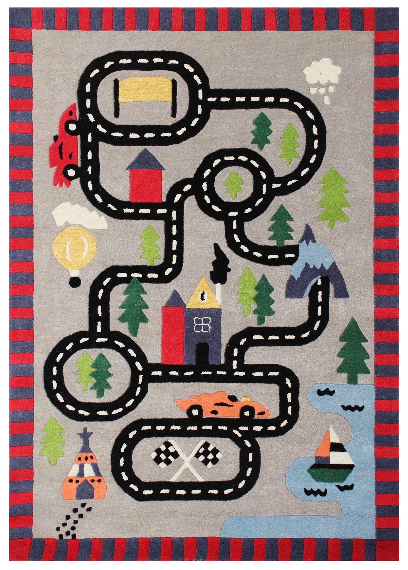 Race Track Kids Rug – Gray Hand-Tufted Car Playmat Imaginative Play.
