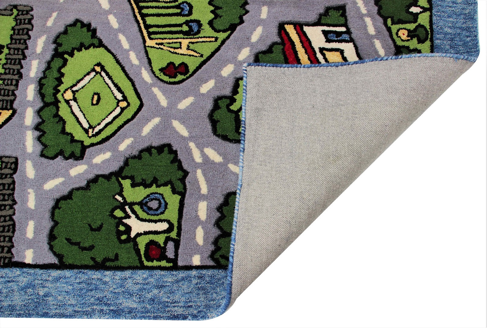 Kids City Play Rug – Green & Gray Hand-Tufted Road Map Playmat for Car.