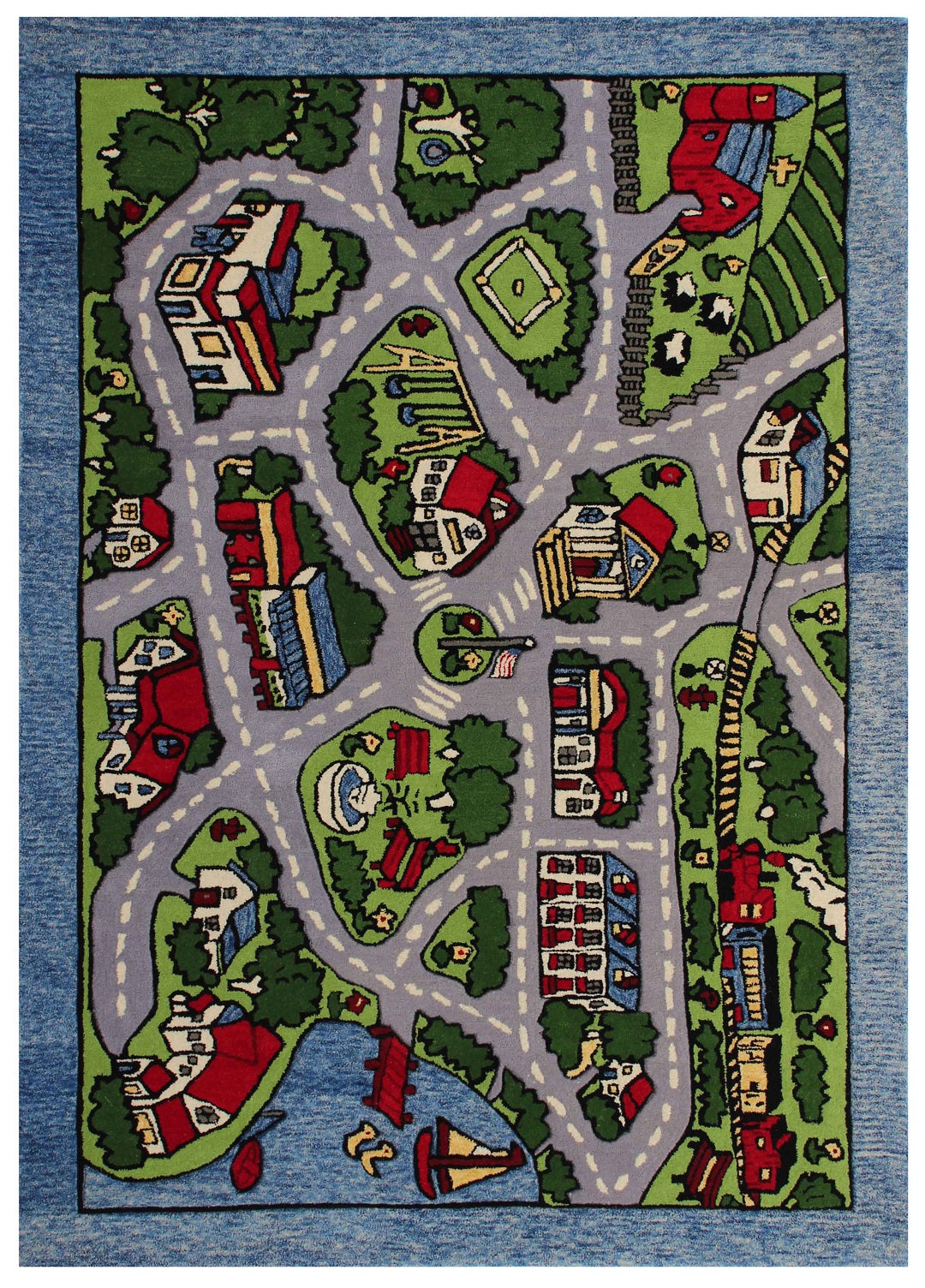 Kids City Play Rug – Green & Gray Hand-Tufted Road Map Playmat for Car.