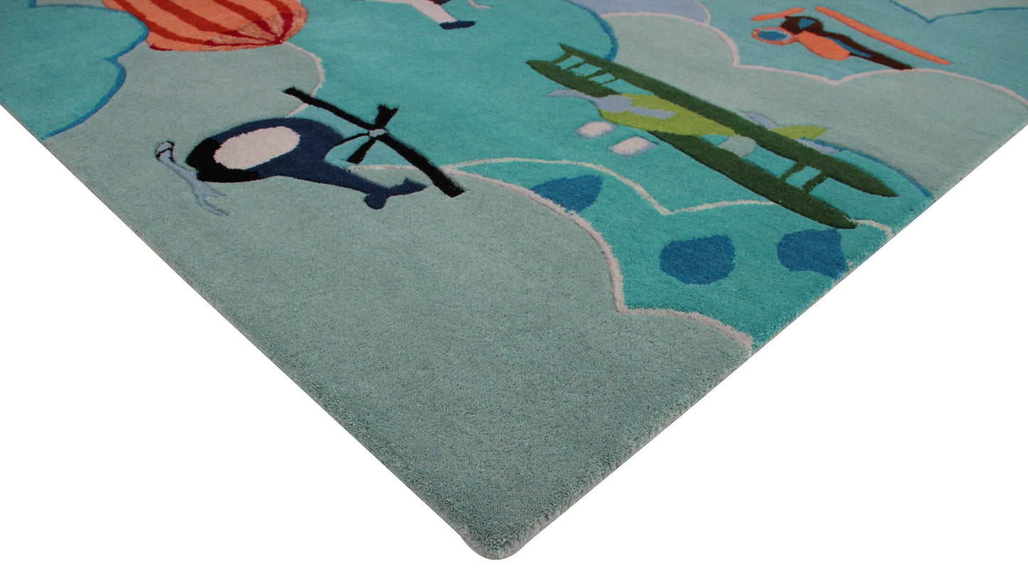 Airplane & Hot Air Balloon Kids Rug – Custom Teal Hand-Tufted Sky Adventure Play Mat