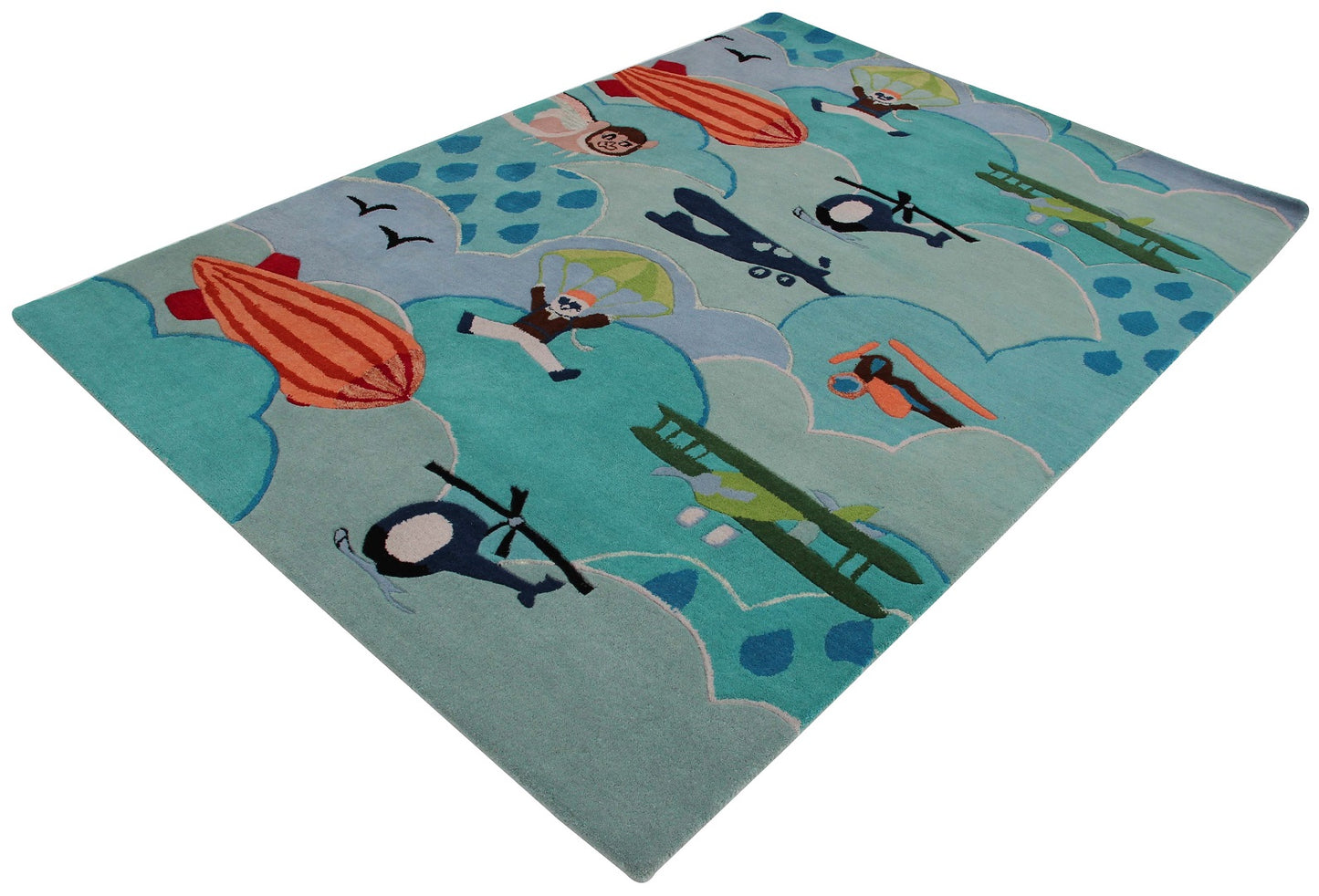Airplane & Hot Air Balloon Kids Rug – Custom Teal Hand-Tufted Sky Adventure Play Mat