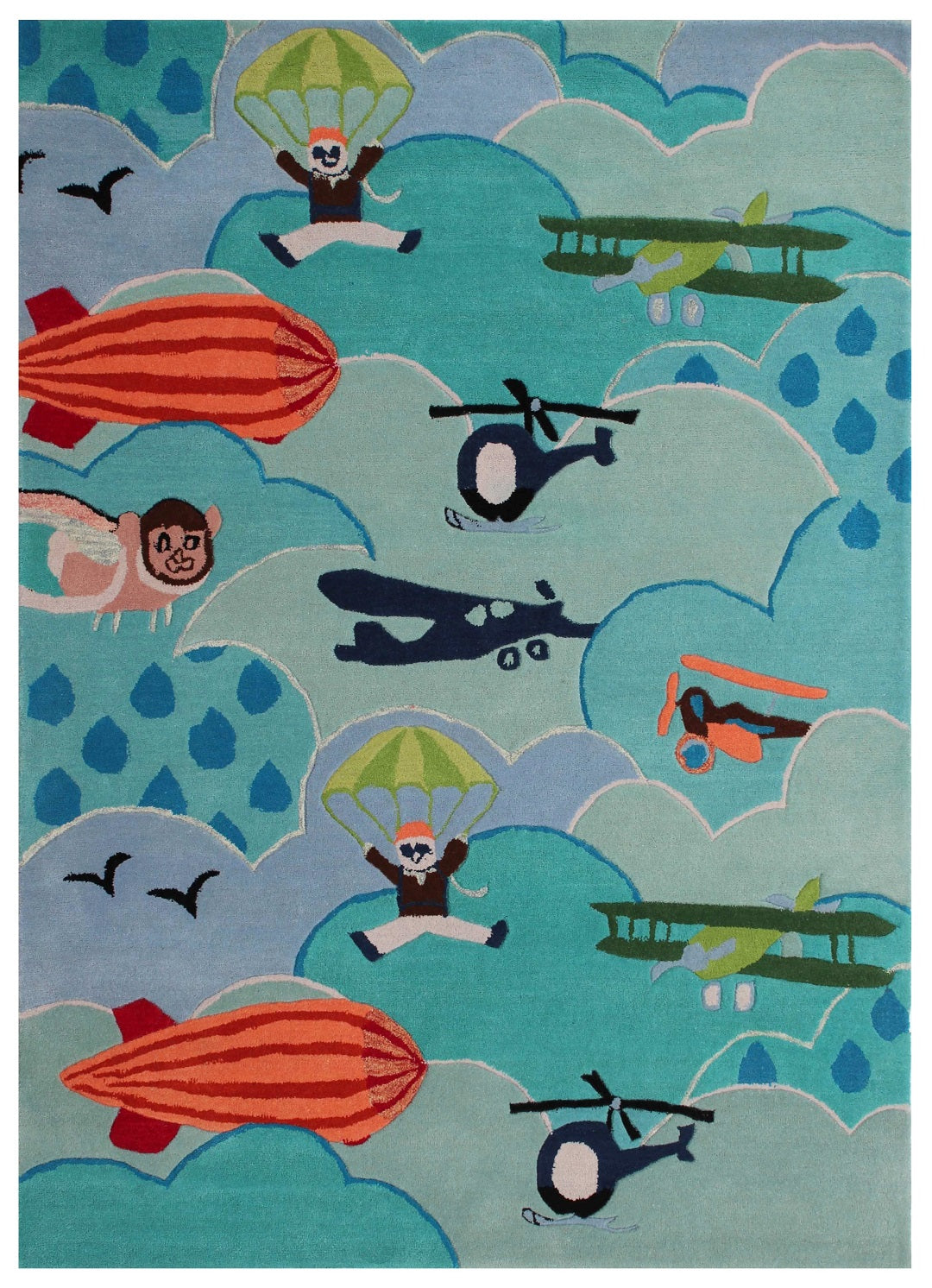 Airplane & Hot Air Balloon Kids Rug – Custom Teal Hand-Tufted Sky Adventure Play Mat