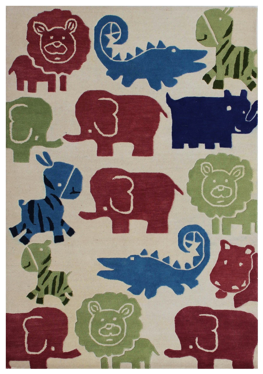 Safari Animals Kids Rug – Custom Beige, Maroon & Blue Hand-Tufted Jungle Playmat for Nursery & Bedroom