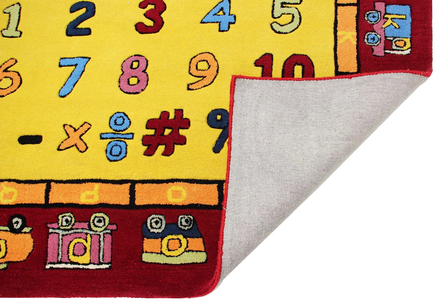 Educational ABC & 123 Kids Rug – Custom Gold & Maroon Hand-Tufted Alphabet Playmat for Learning.
