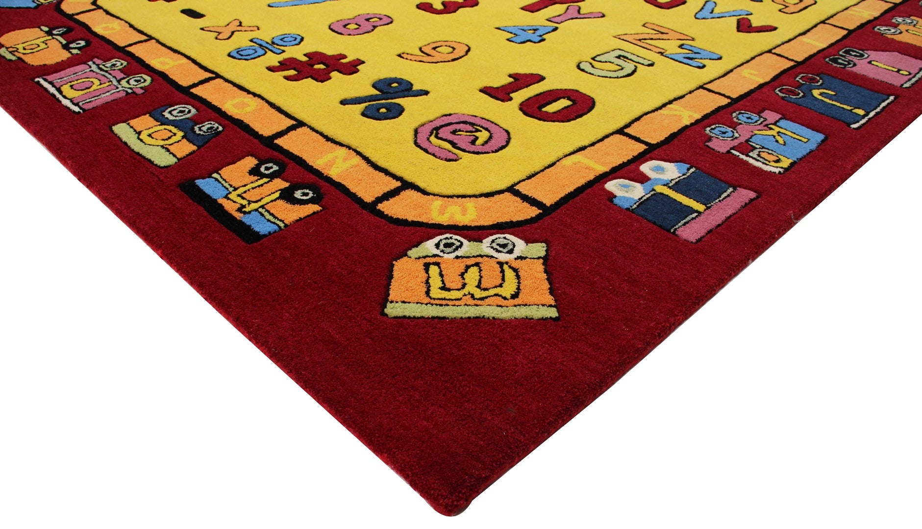 Educational ABC & 123 Kids Rug – Custom Gold & Maroon Hand-Tufted Alphabet Playmat for Learning.