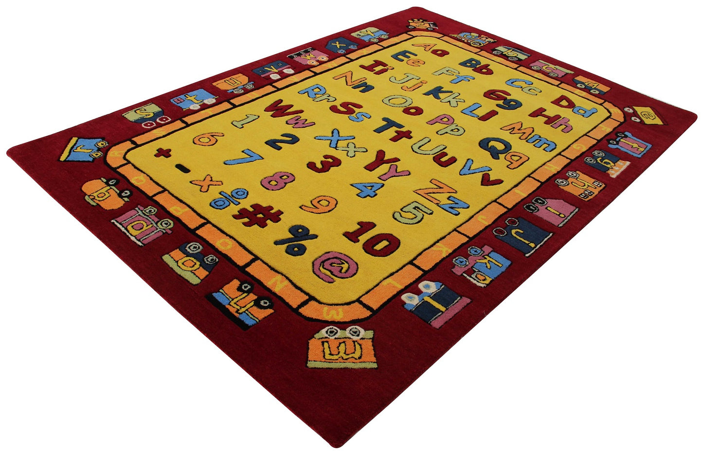 Educational ABC & 123 Kids Rug – Custom Gold & Maroon Hand-Tufted Alphabet Playmat for Learning.