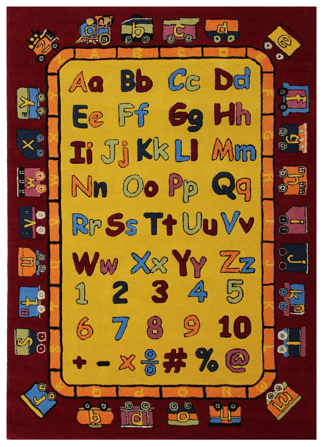 Educational ABC & 123 Kids Rug – Custom Gold & Maroon Hand-Tufted Alphabet Playmat for Learning.