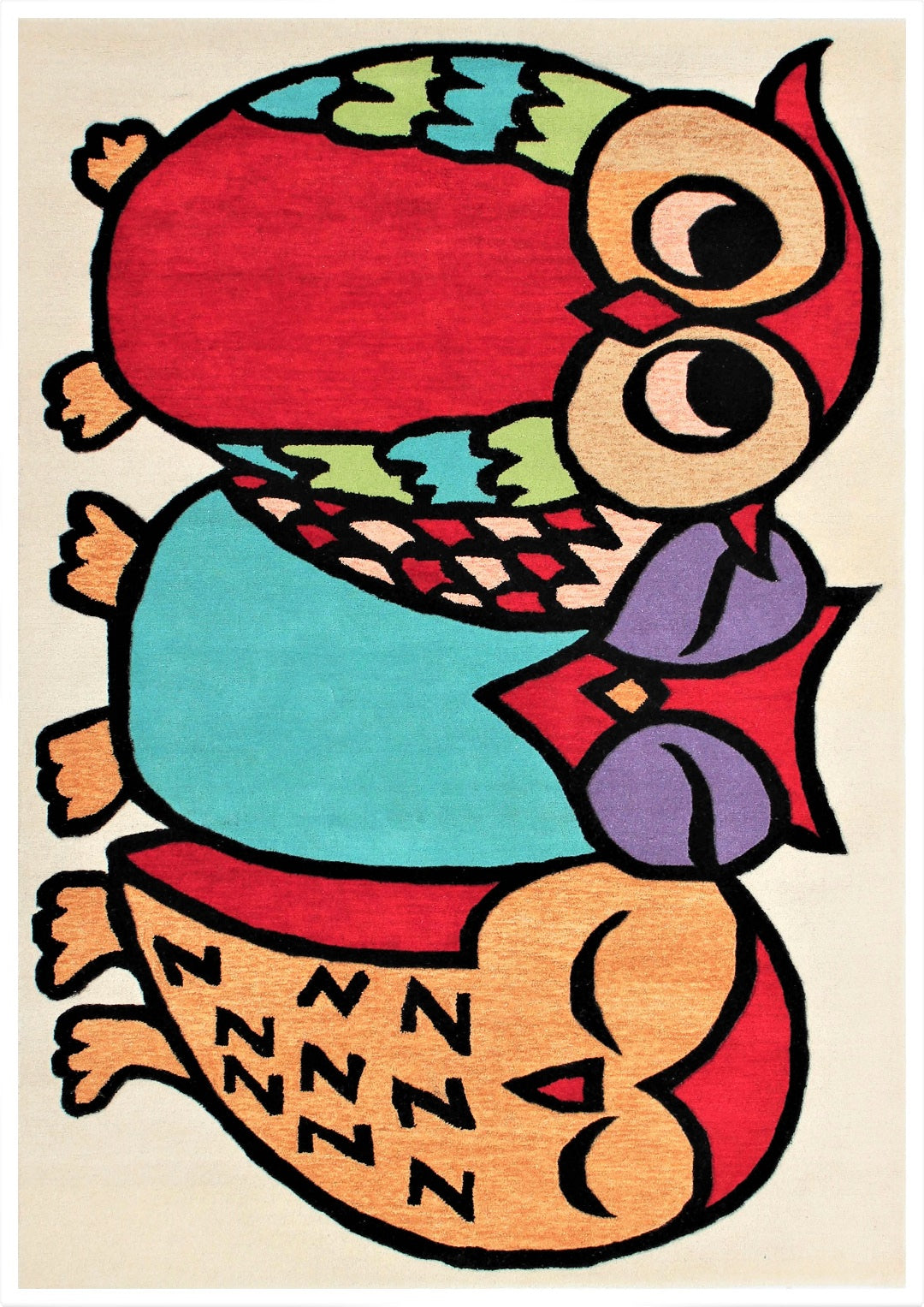 Hand-Tufted Beige Owl Kids Rug – Colorful Animal Theme Carpet for Nursery & Playroom.