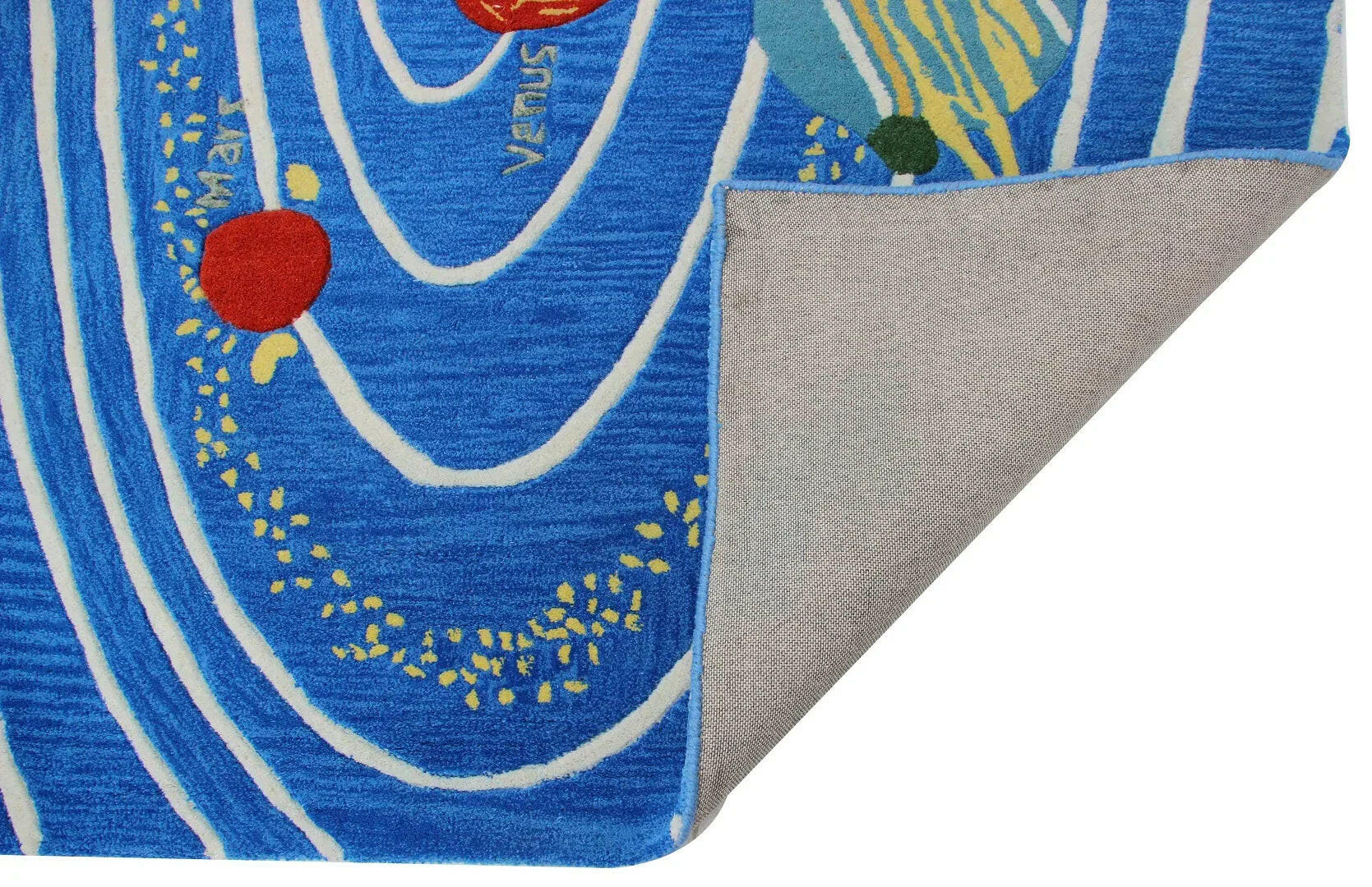 Custom made Space Theme Blue Hand-Tufted Playful Kids' Rug - Planets & Stars Design.
