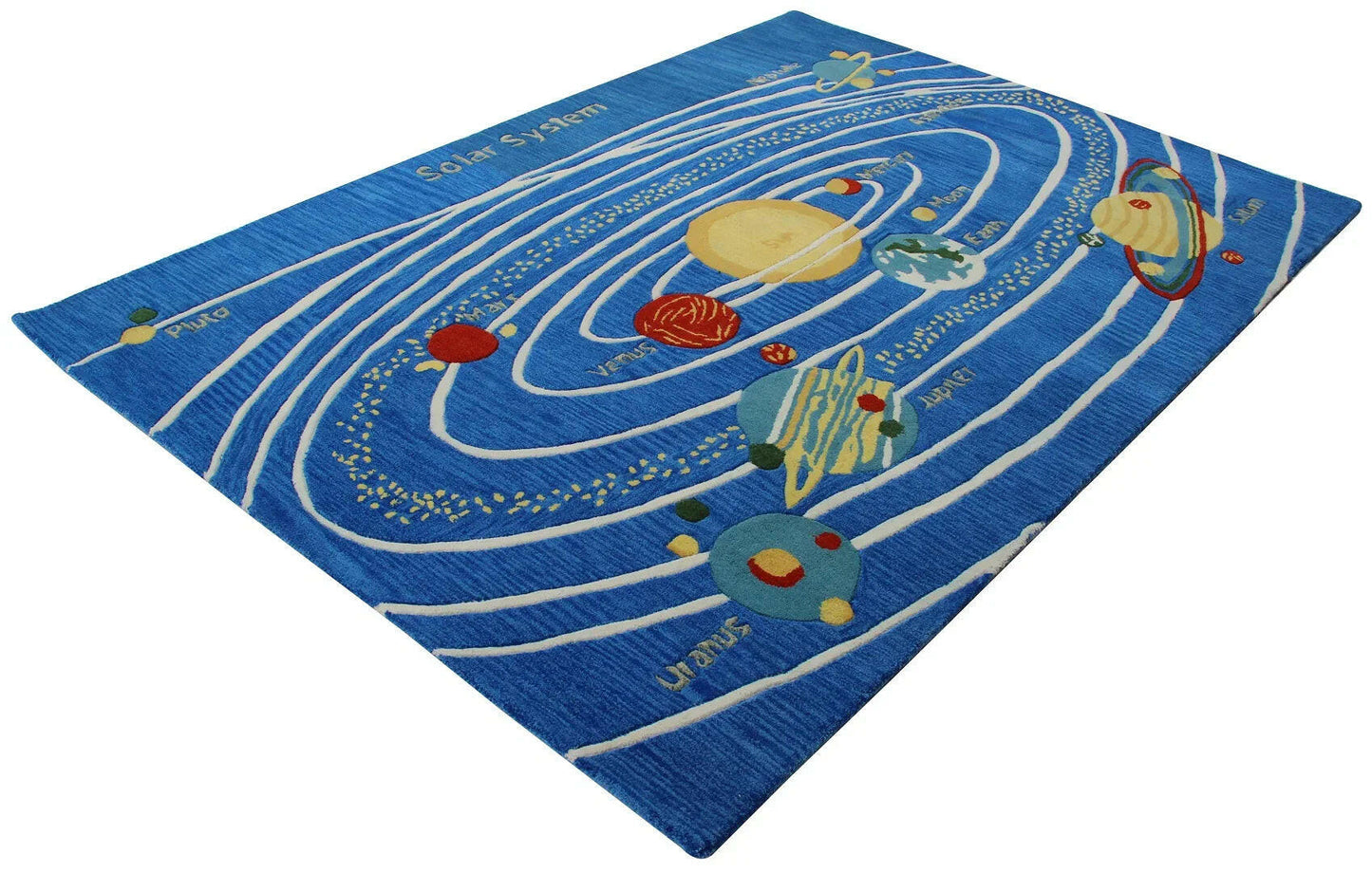 Custom made Space Theme Blue Hand-Tufted Playful Kids' Rug - Planets & Stars Design.
