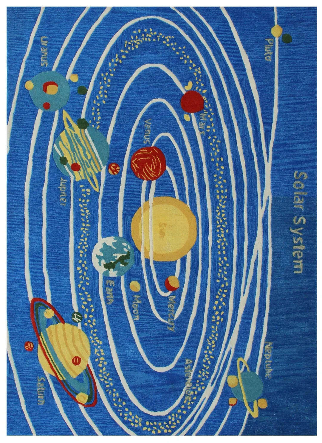 Custom made Space Theme Blue Hand-Tufted Playful Kids' Rug - Planets & Stars Design.