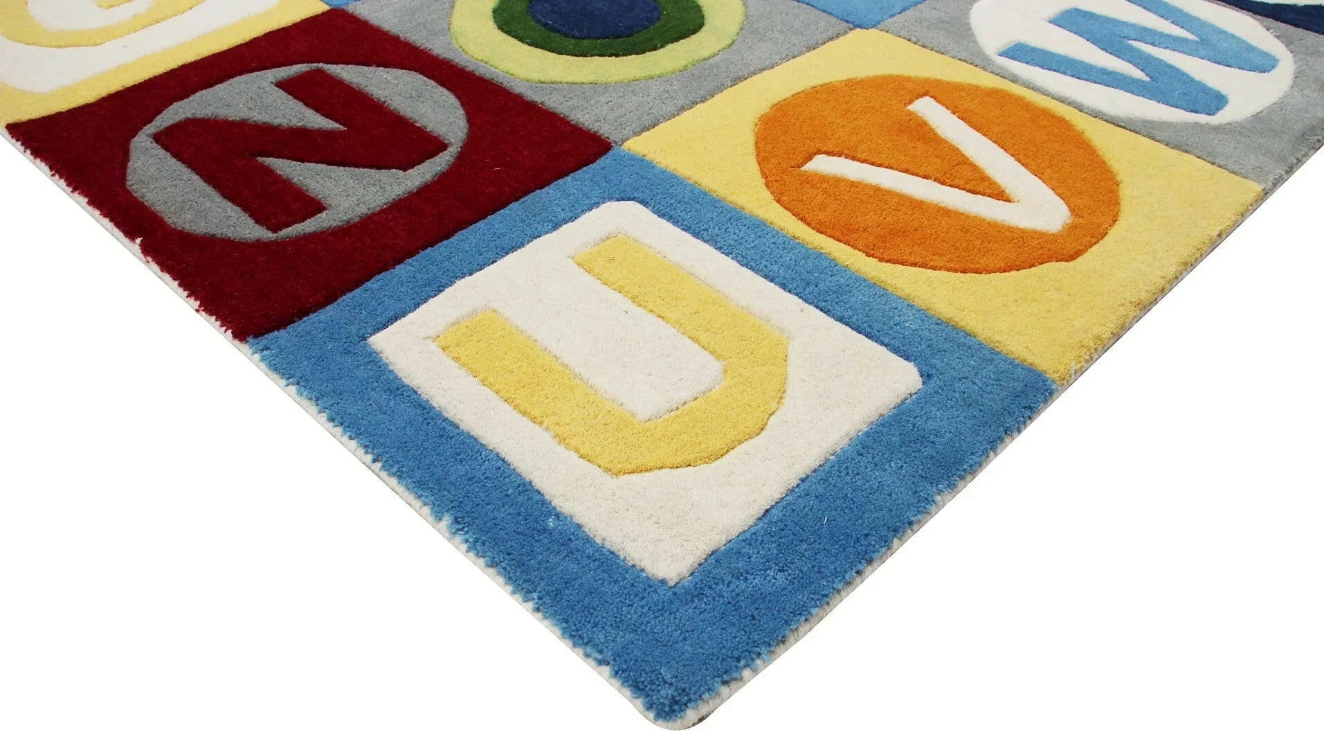 Modern Educational Hand-Tufted Rug with Colorful Letter Blocks Custom Made area rug.