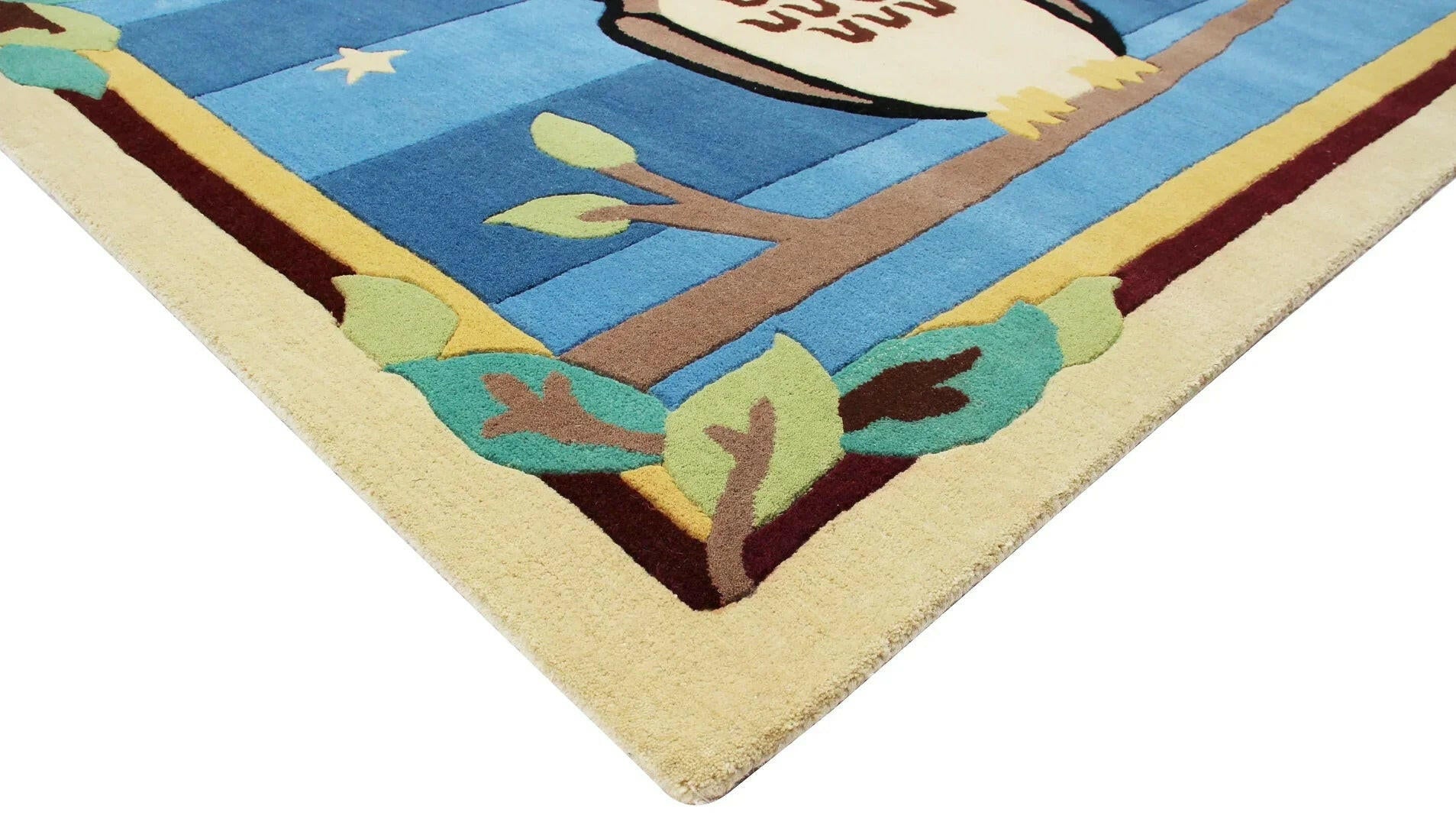 Cozy Comfort Blue Hand-Tufted Kids' Owl Rug for Nursery or Playroom.