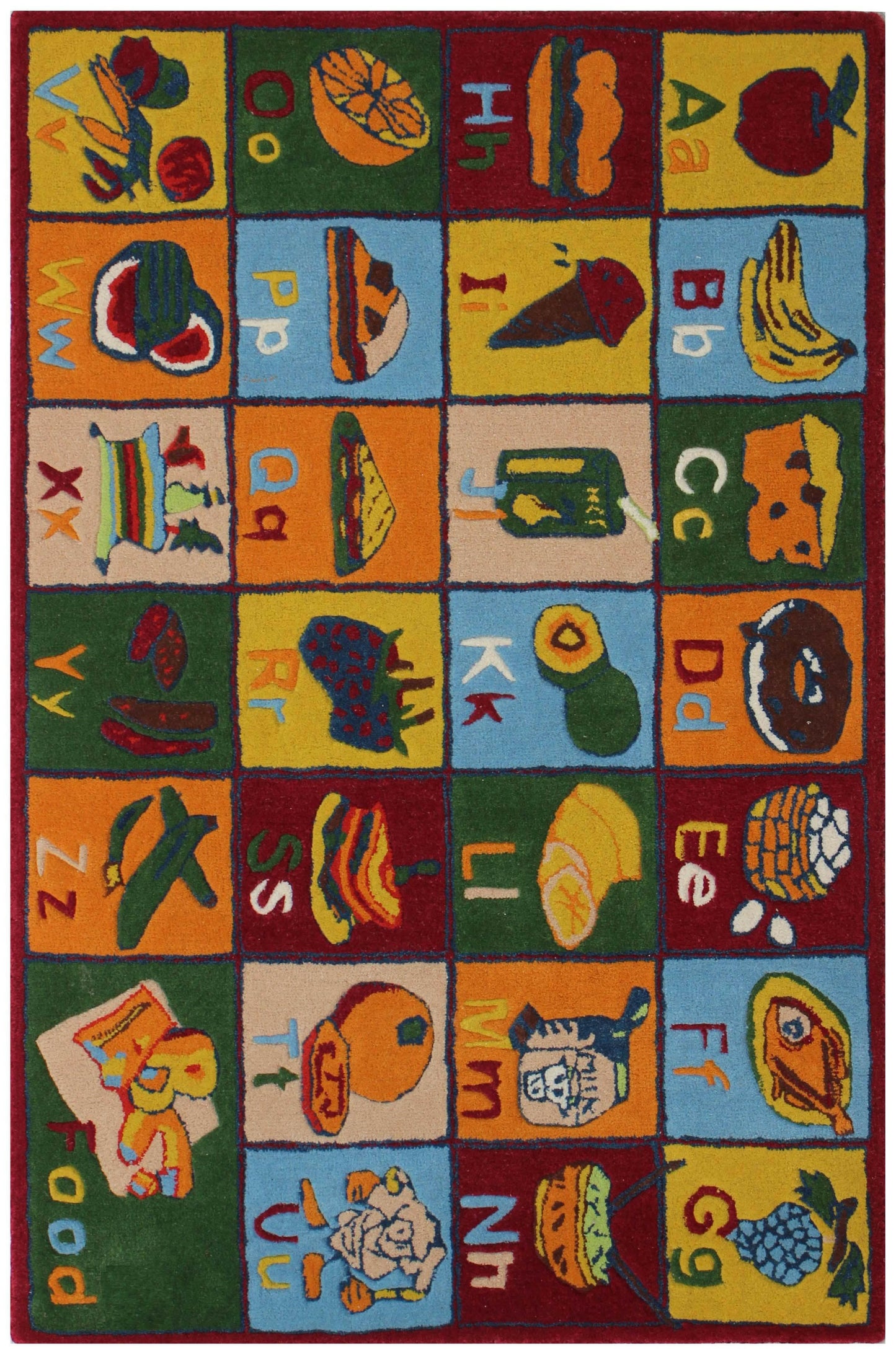 Colorful Hand-Tufted Kids' Food Alphabet Area Rug - Educational Fruits, Vegetables & Treats.