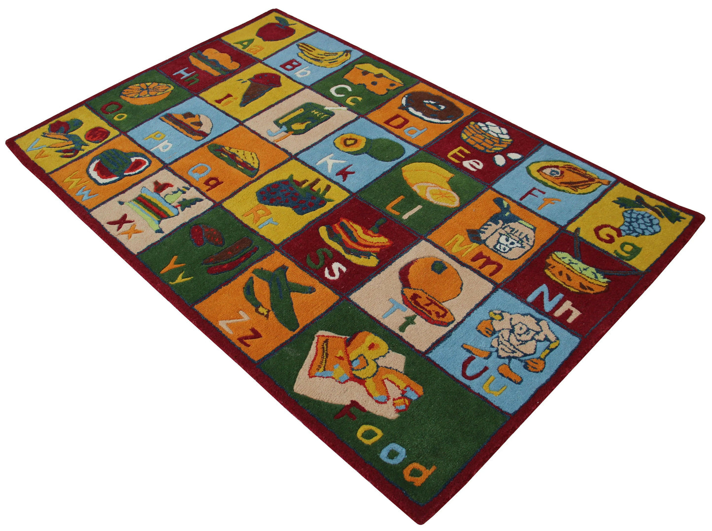Colorful Hand-Tufted Kids' Food Alphabet Area Rug - Educational Fruits, Vegetables & Treats.