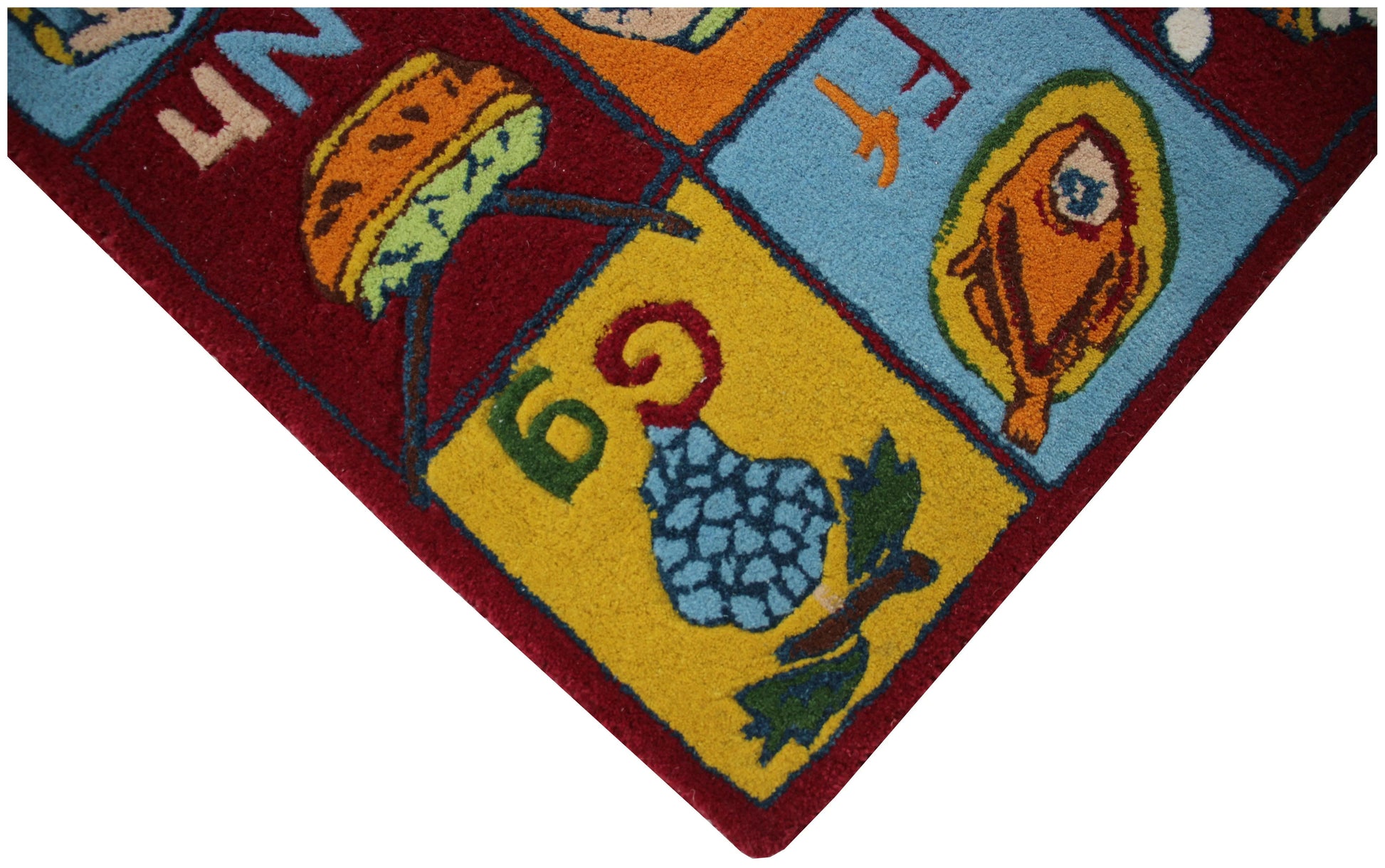 Colorful Hand-Tufted Kids' Food Alphabet Area Rug - Educational Fruits, Vegetables & Treats.