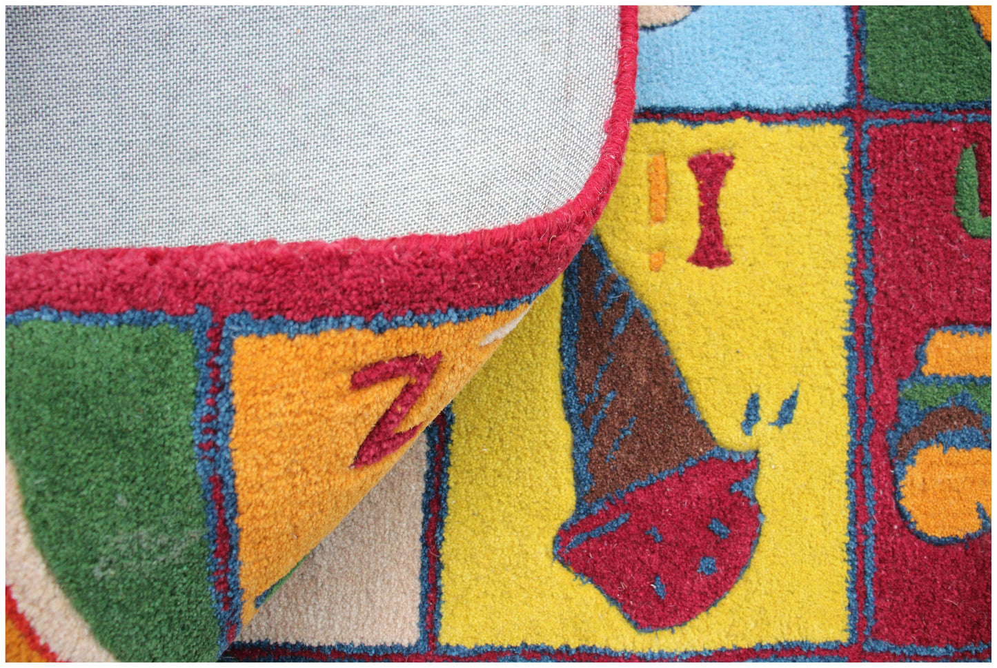 Colorful Hand-Tufted Kids' Food Alphabet Area Rug - Educational Fruits, Vegetables & Treats.