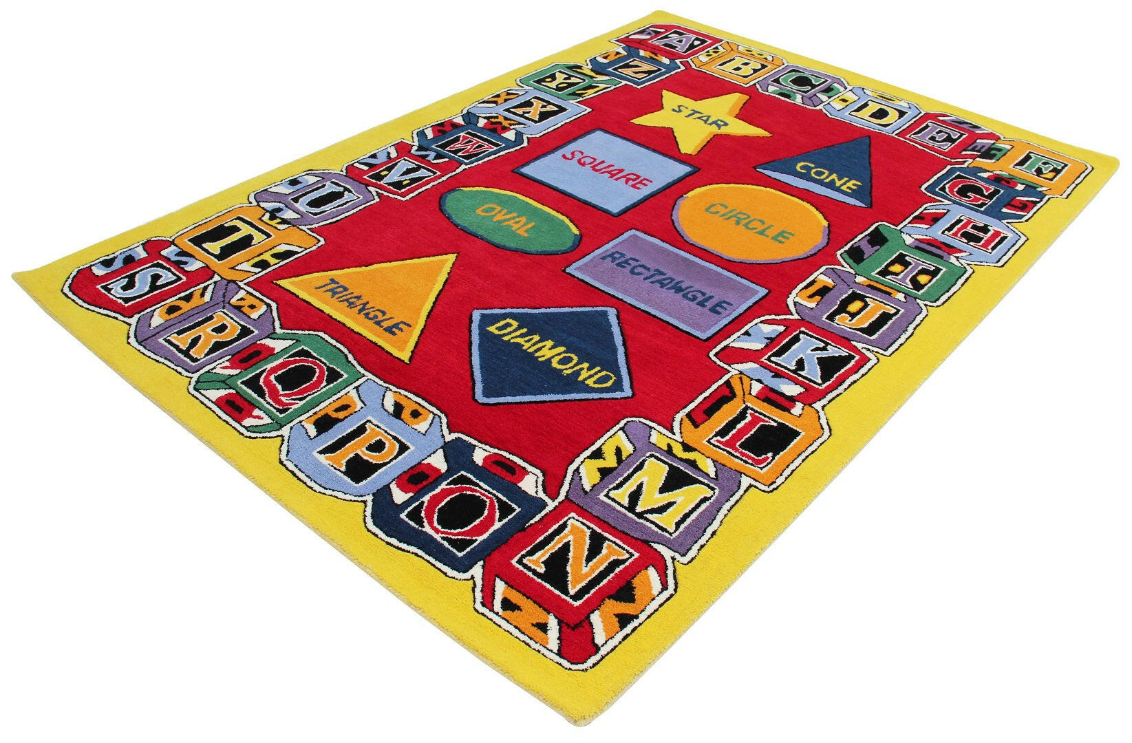 Educational Shapes & Alphabet Kids Rug – Custom Hand-Tufted Colorful Playroom Carpet for Learning Fun.