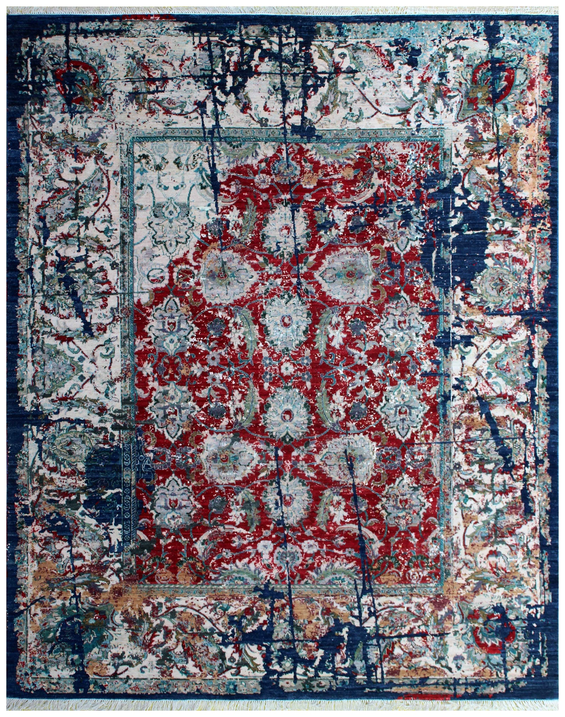 Distressed Kirman Floral Medallion 8x10 Hand Knotted Crimson Red Navy Ivory Teal Wool Viscose Bhadohi Area Rug