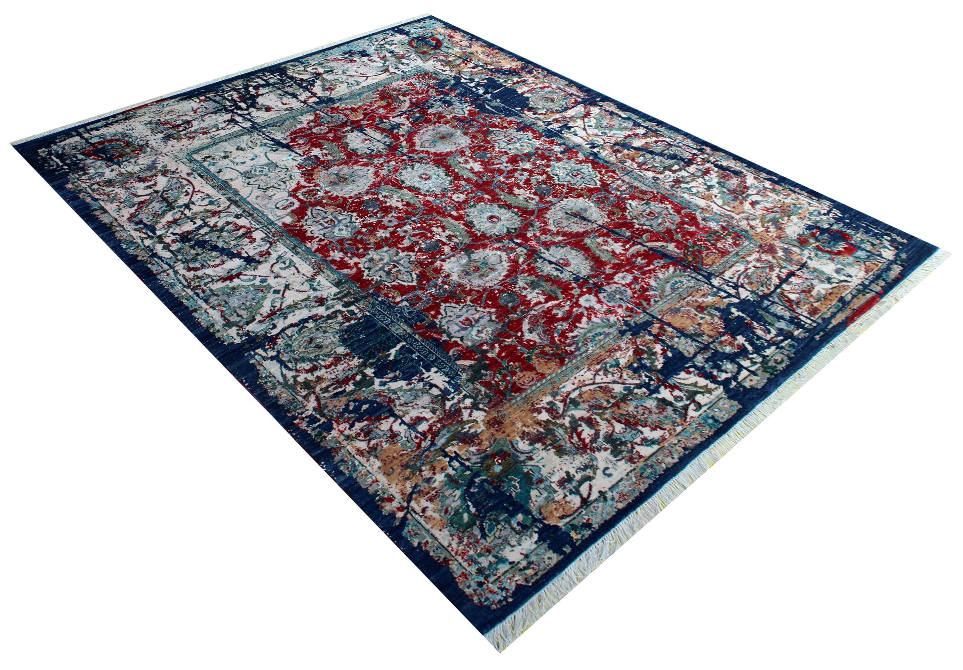 Distressed Kirman Floral Medallion 8x10 Hand Knotted Crimson Red Navy Ivory Teal Wool Viscose Bhadohi Area Rug