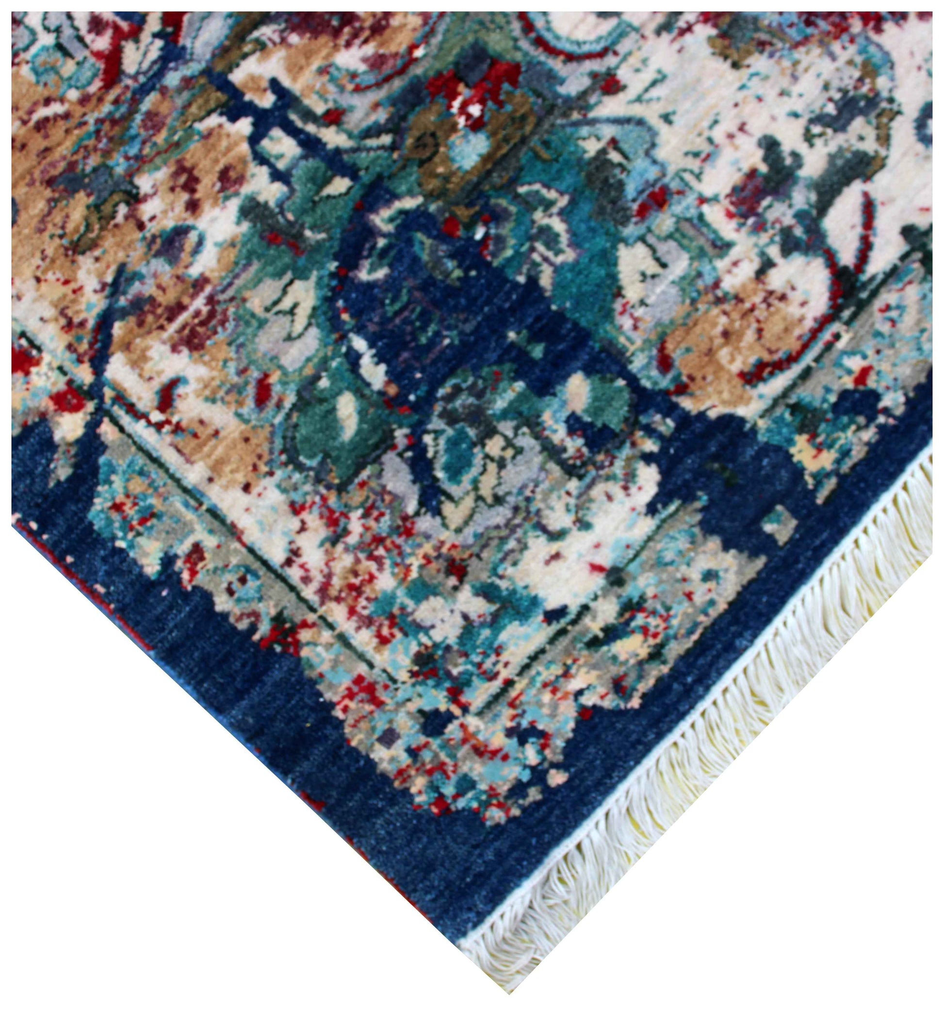 Distressed Kirman Floral Medallion 8x10 Hand Knotted Crimson Red Navy Ivory Teal Wool Viscose Bhadohi Area Rug