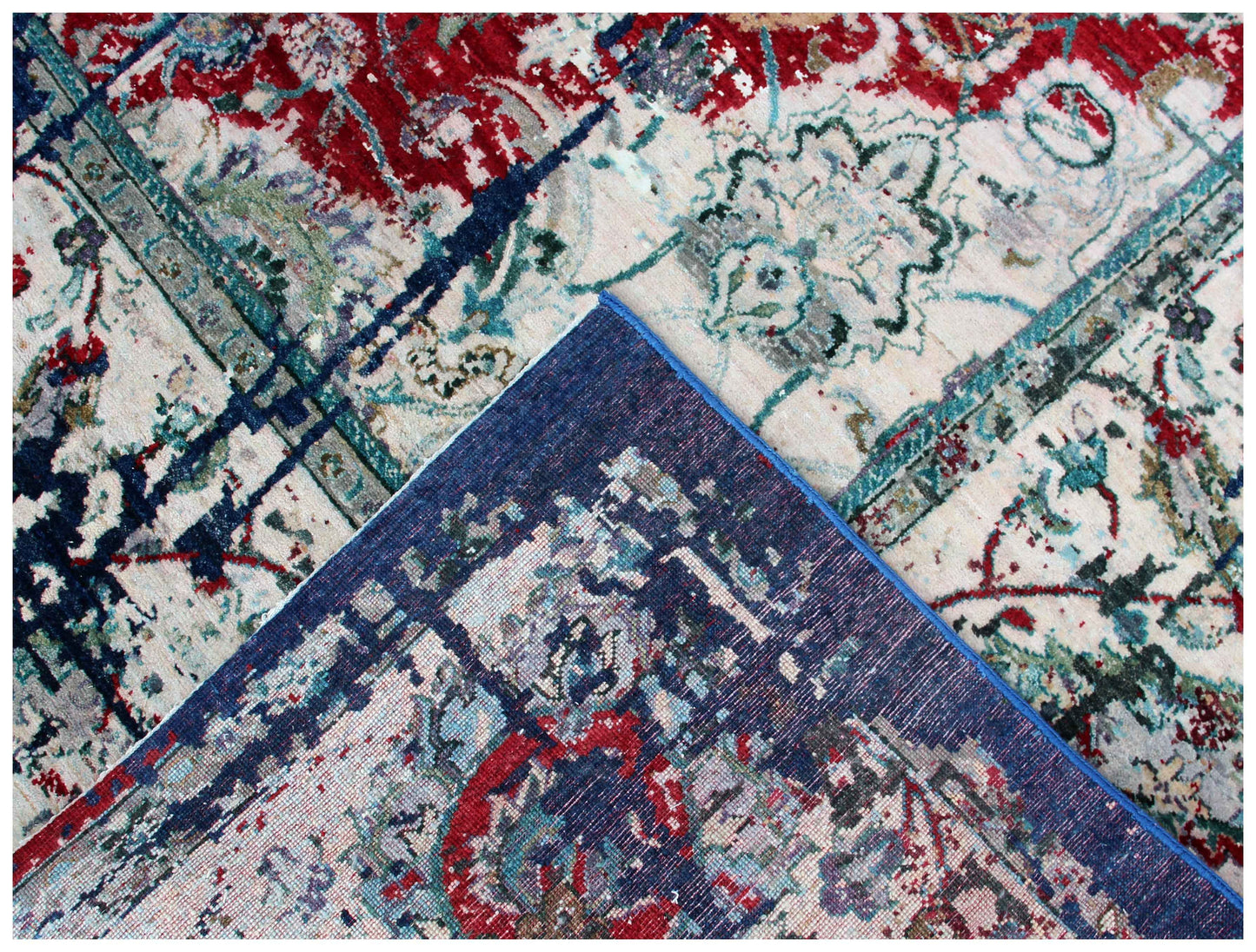 Distressed Kirman Floral Medallion 8x10 Hand Knotted Crimson Red Navy Ivory Teal Wool Viscose Bhadohi Area Rug
