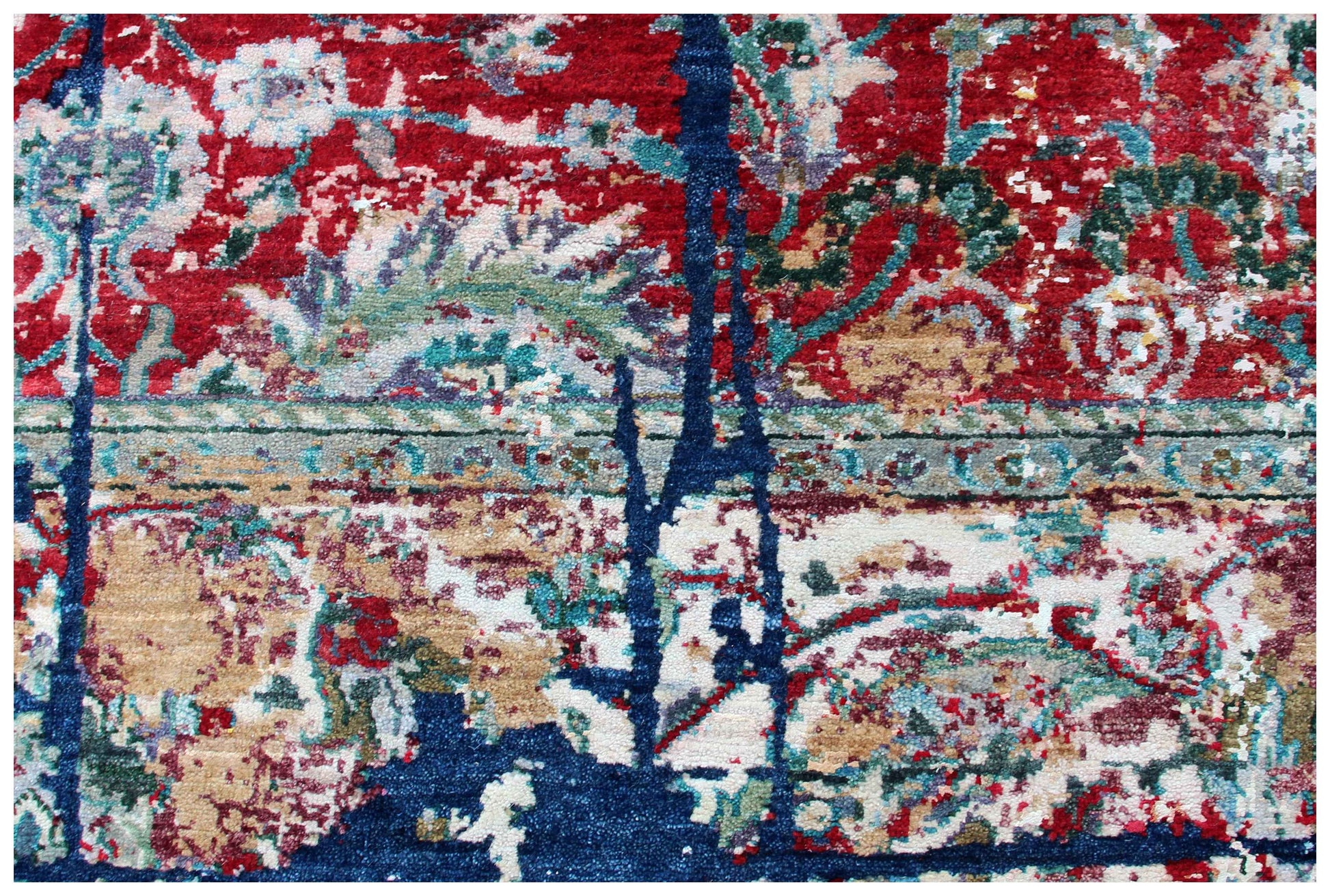 Distressed Kirman Floral Medallion 8x10 Hand Knotted Crimson Red Navy Ivory Teal Wool Viscose Bhadohi Area Rug
