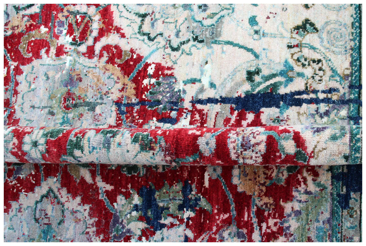 Distressed Kirman Floral Medallion 8x10 Hand Knotted Crimson Red Navy Ivory Teal Wool Viscose Bhadohi Area Rug