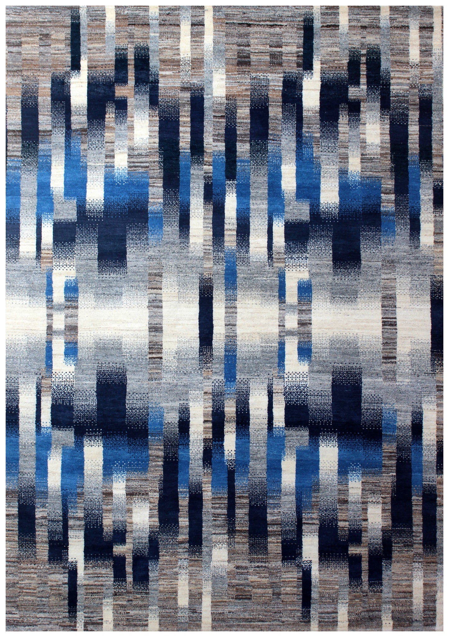 Blue Grey Modern Striped Wool Rug 5.6x8 - Hand Knotted Abstract